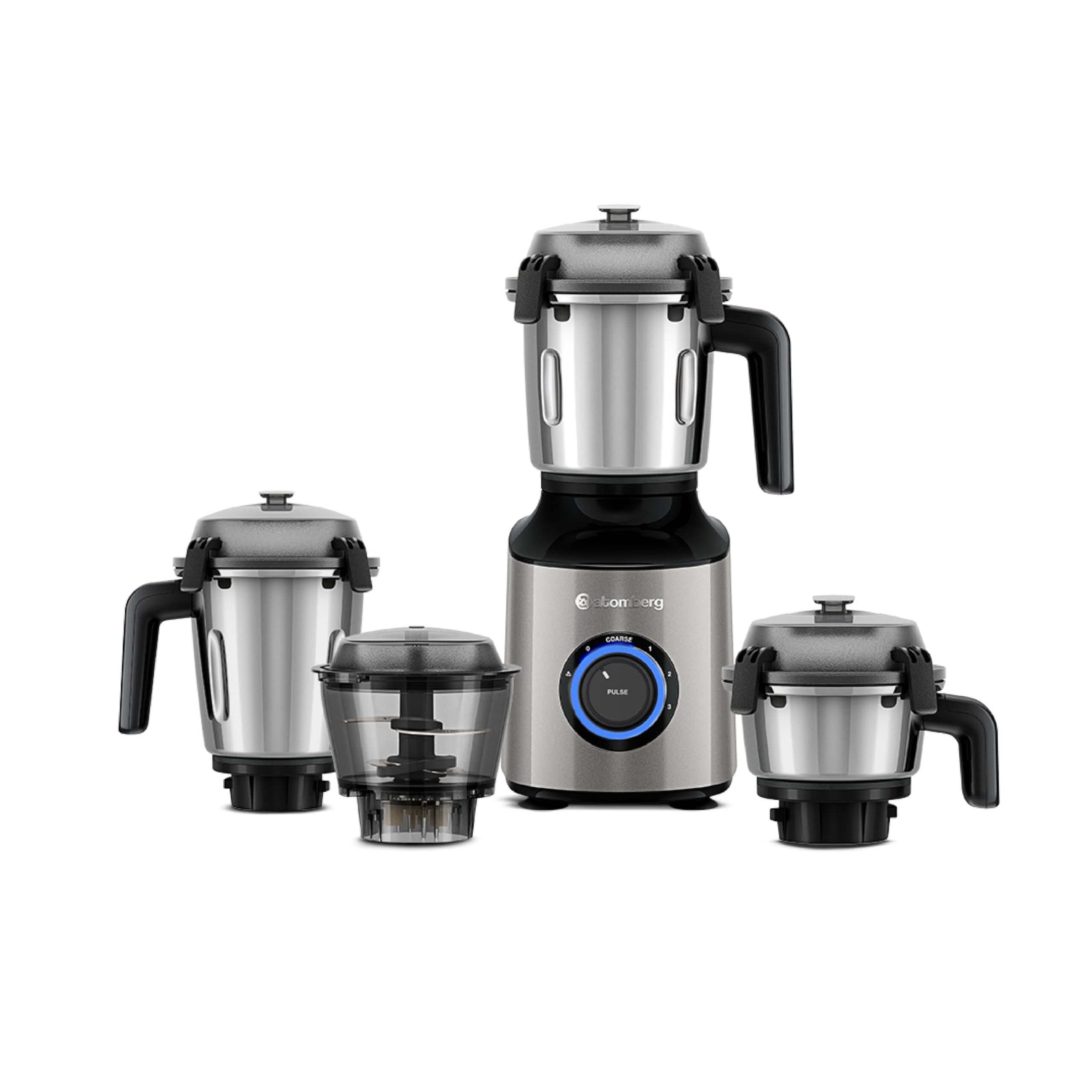 Atomberg Zenova BLDC Mixer Grinder with 4 jars in sand grey color showing intelligent motor technology
