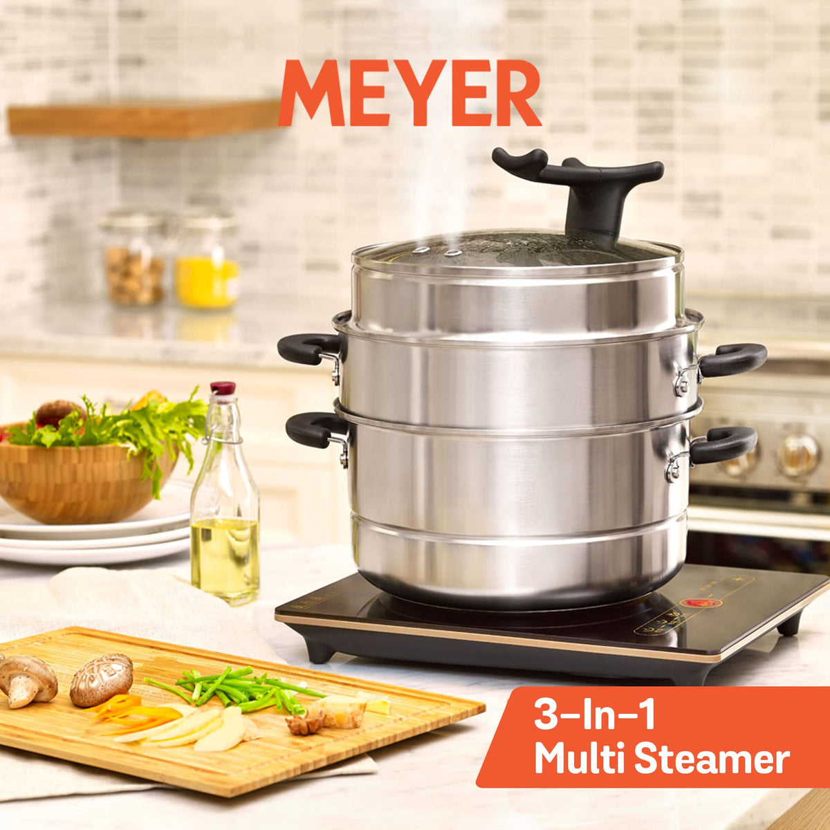Meyer 3-Tier Stainless Steel Multi Steamer, Idli & Momo Maker, Induction Compatible, 28cm/8.5L