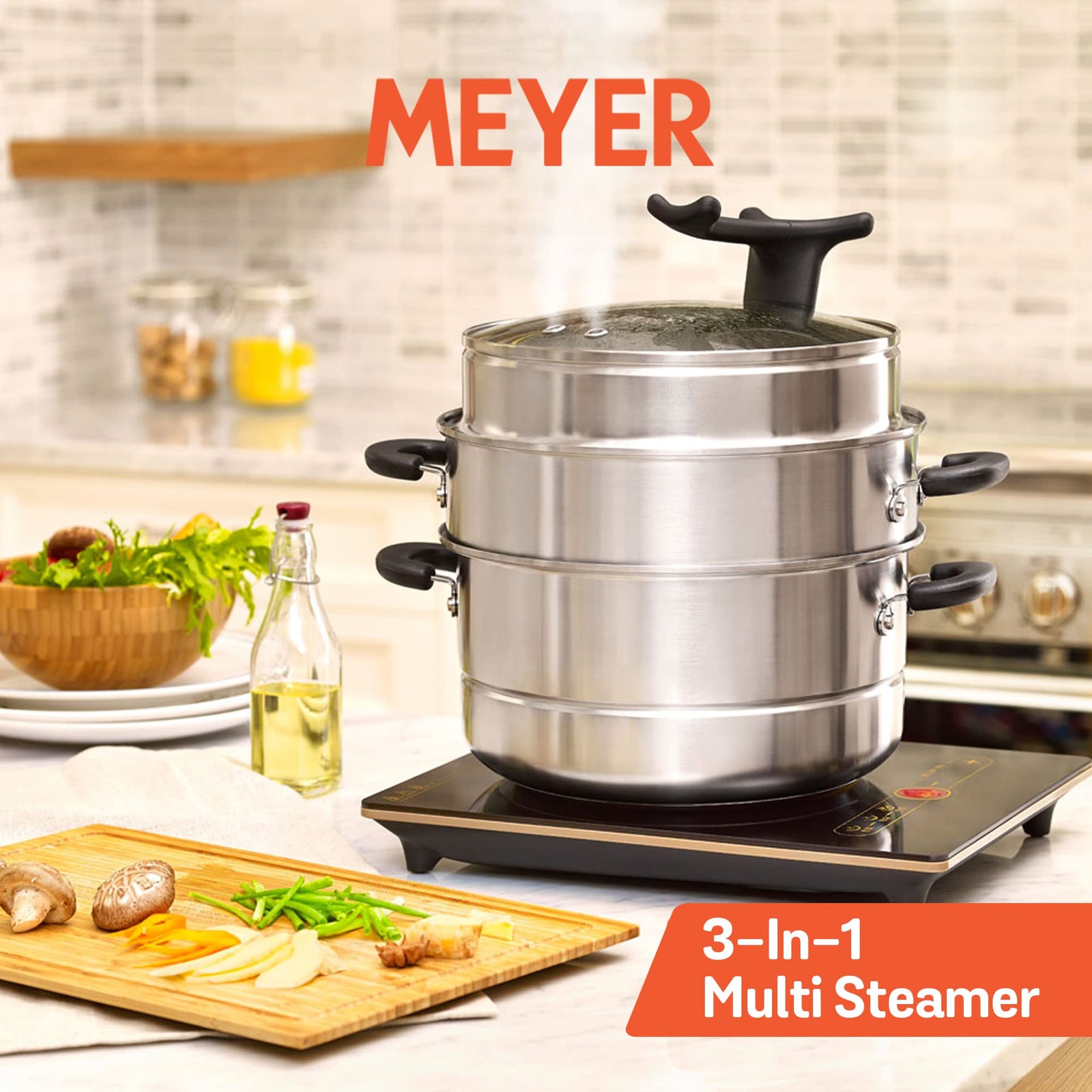 Meyer 3-Tier Stainless Steel Multi Steamer, Idli & Momo Maker, Induction Compatible, 28cm/8.5L