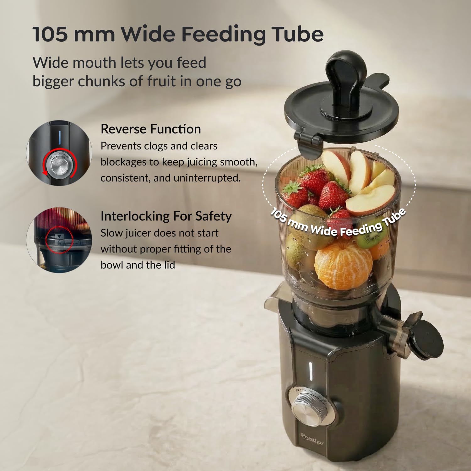 Prestige Natura 200W Cold Press Slow Juicer in black with wide 105mm chute