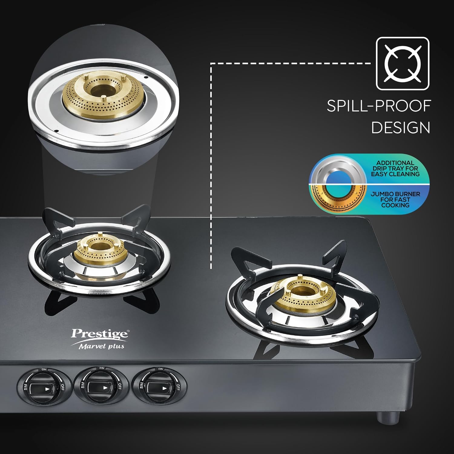 Modern kitchen gas stove with ergonomic knobs and premium toughened glass surface