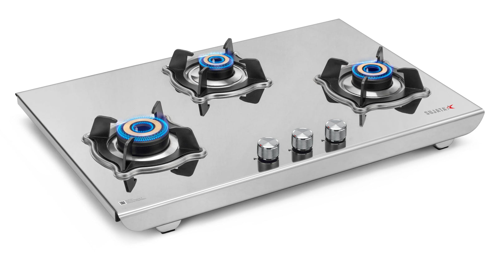 Sujata Robusto 3 burner stainless steel gas stove with auto ignition on kitchen countertop