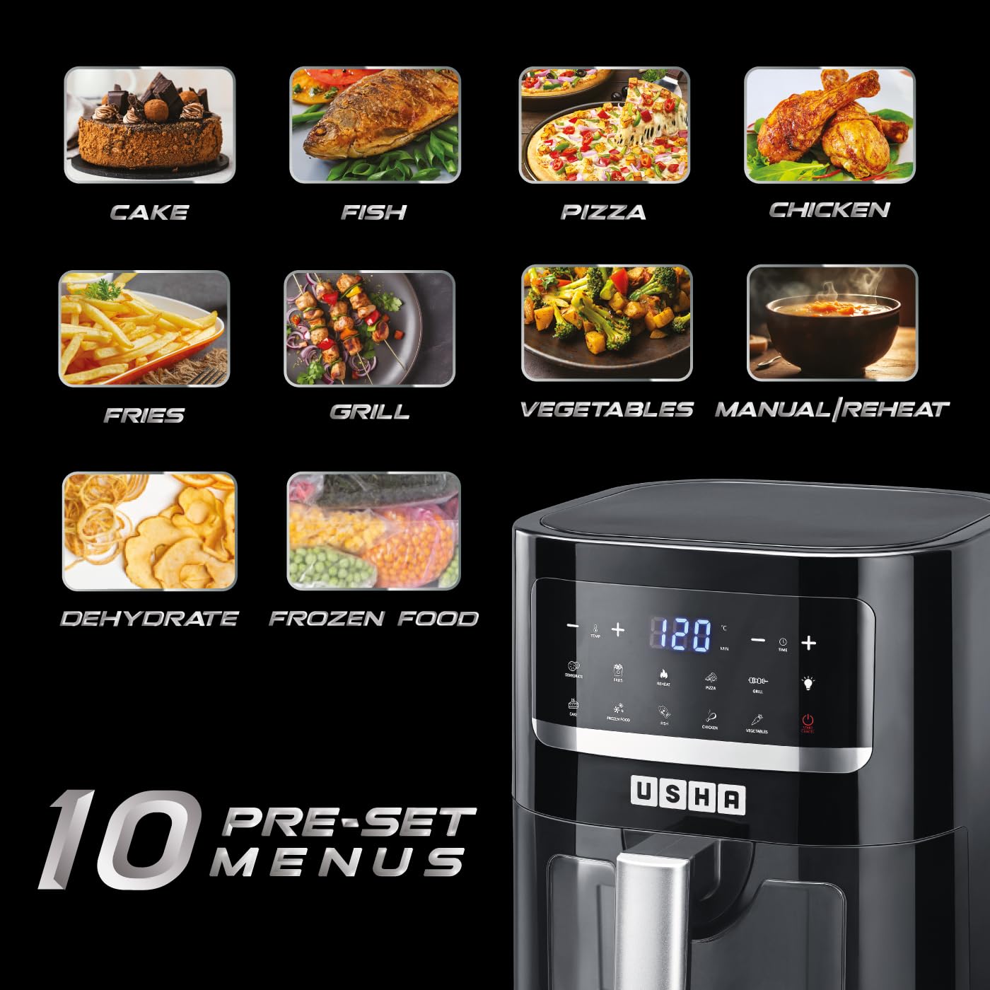 Usha iChef Smart Air Fryer 4.5L - 10 in 1 Functions, Digital Display & Touch Panel, Oil-Free Cooking