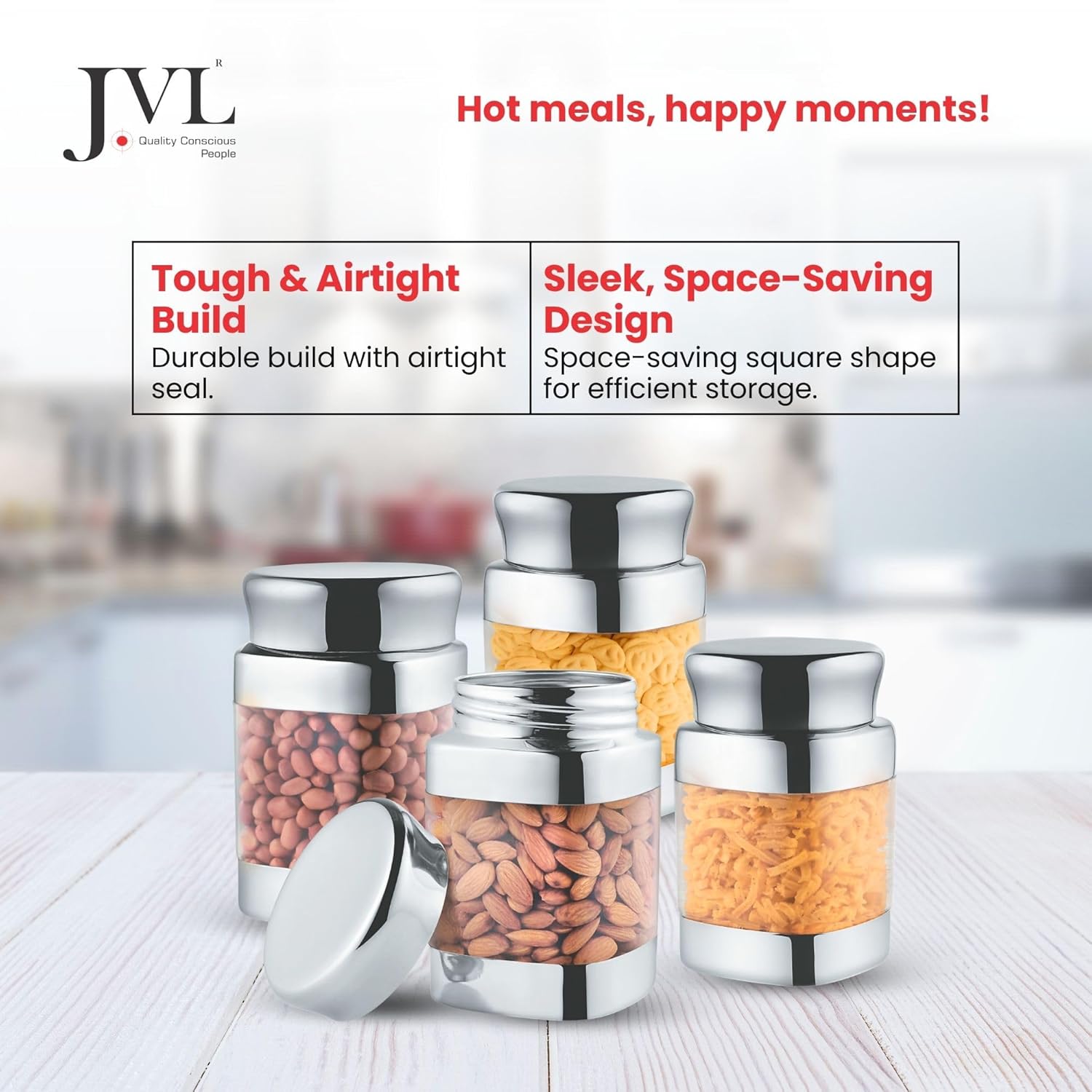 JVL Square Canister Airtight Steel Lid Kitchen Dry Storage Jar