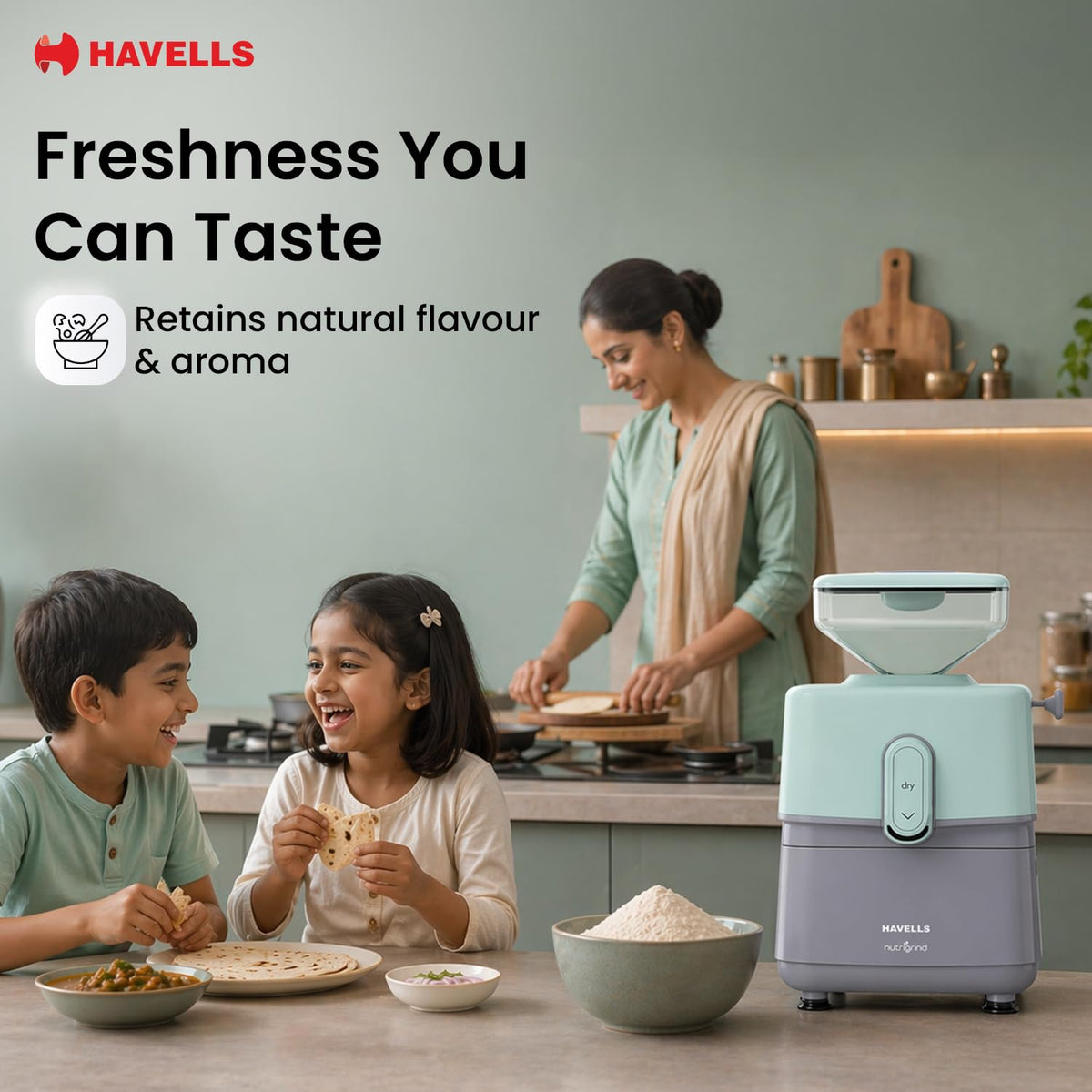 Compact Havells Nutrigrind atta mill on modern kitchen countertop
