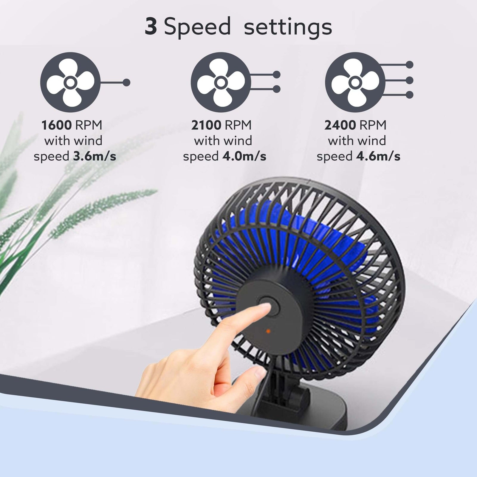 AGARO Breeze USB desktop fan showing 3 speed settings with RPM and wind speed, perfect for customizable cooling