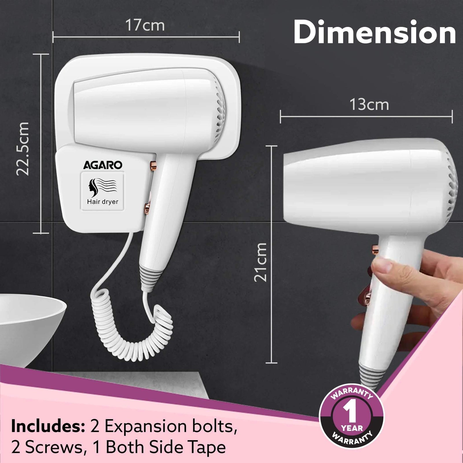 AGARO HD1417 Wall Mounted Hair Dryer front view