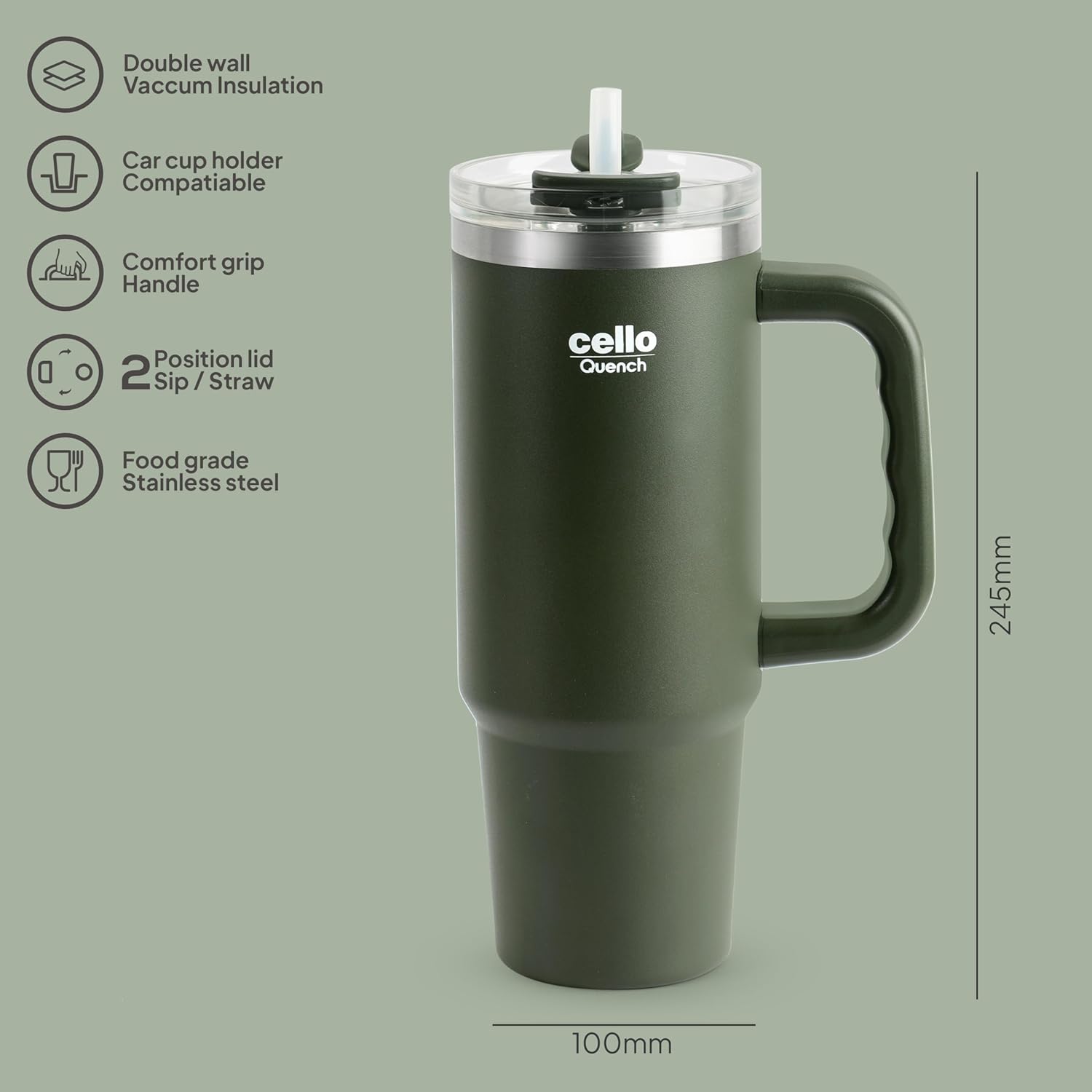 Cello Quench Insulated Stainless Steel Tumbler 550ml with Straw & Handle