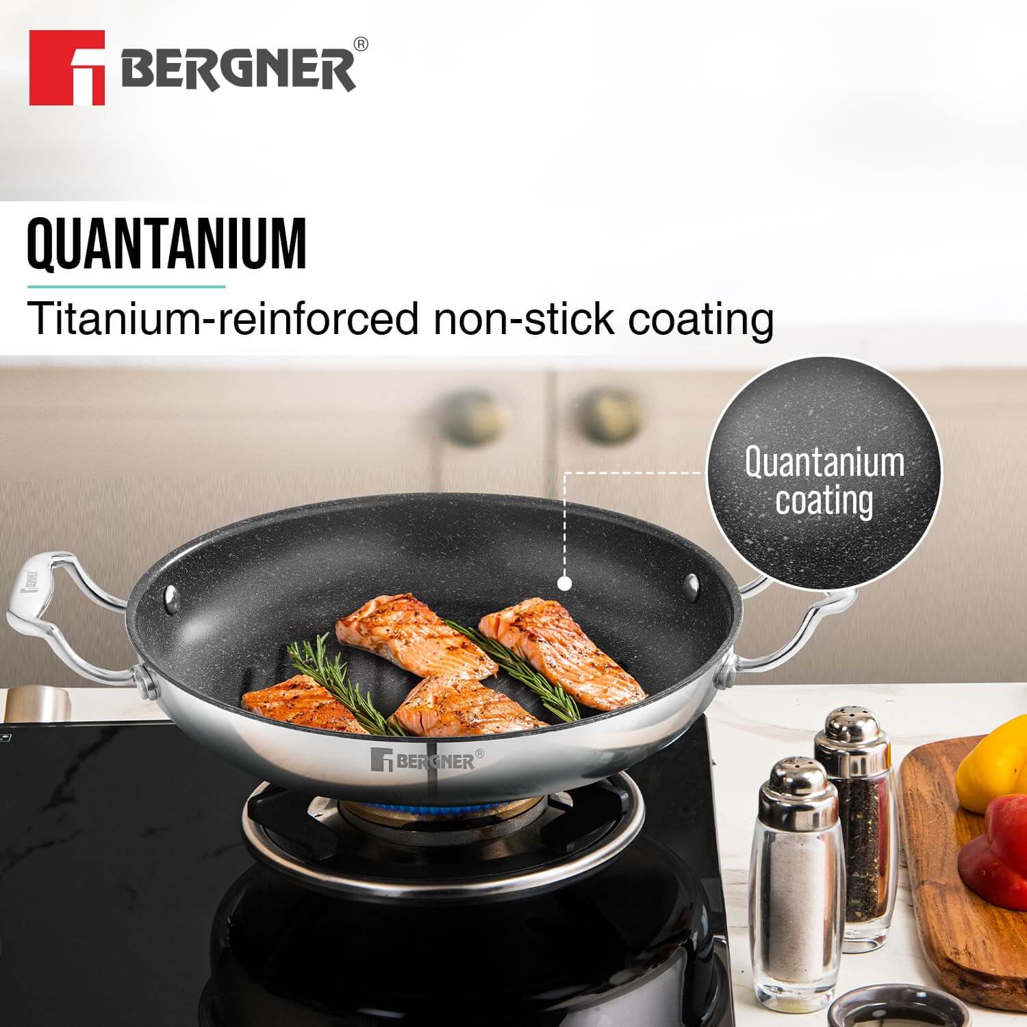 BERGNER grill pan with Quantanium coating for low-oil, induction cooking