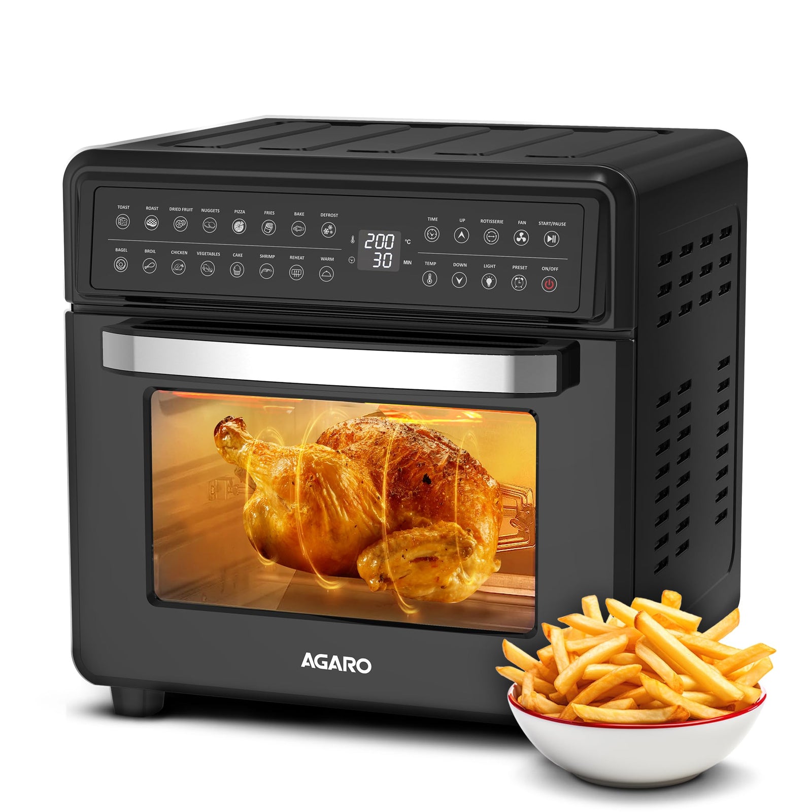 AGARO Regal Plus 23L air fryer oven in black, front view with double glass door closed