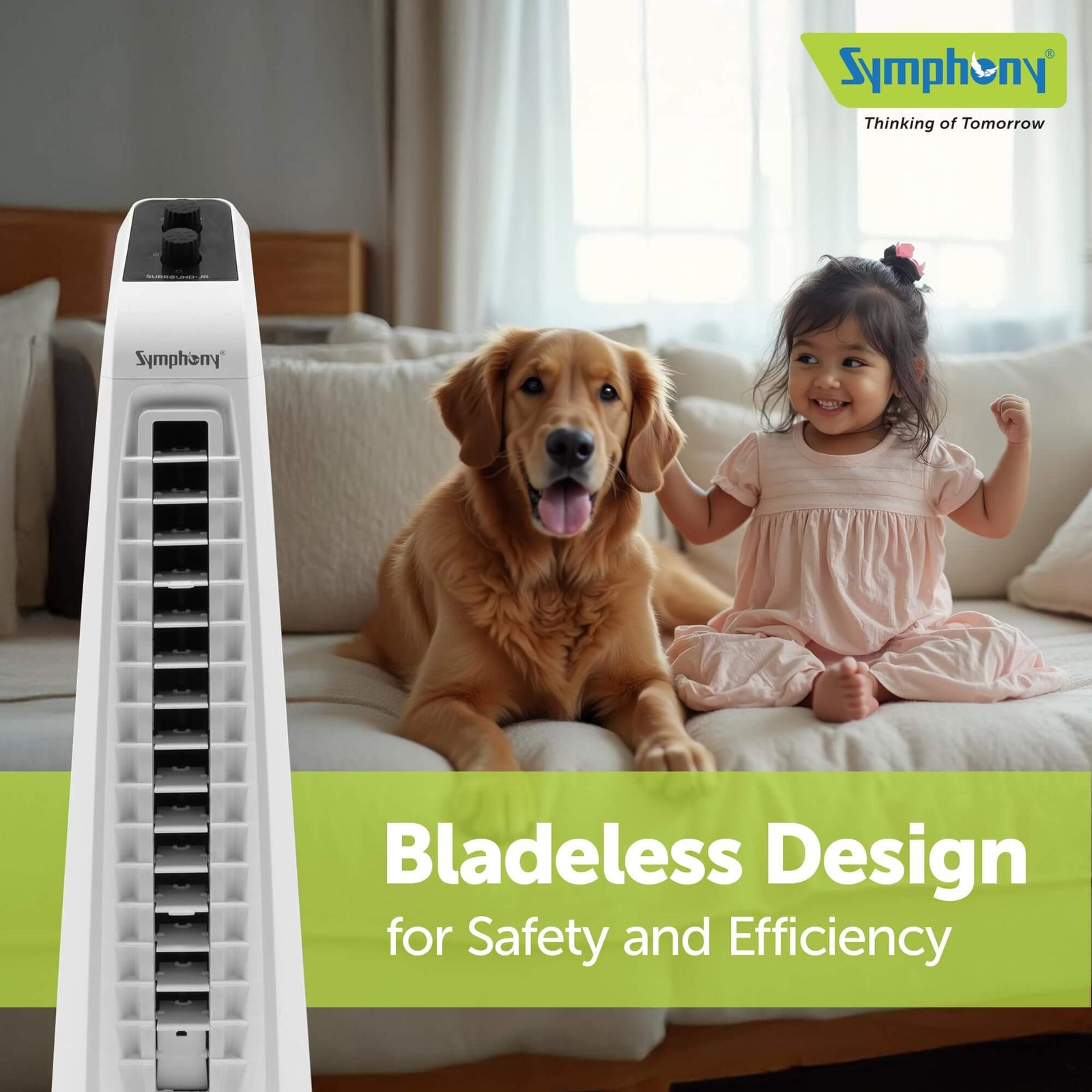 Symphony Surround Jr Tower Fan featuring child-safe bladeless design and powerful air circulation