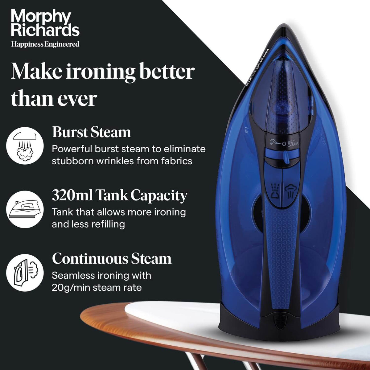 Blue and black Morphy Richards Steam Ease iron for horizontal and vertical use
