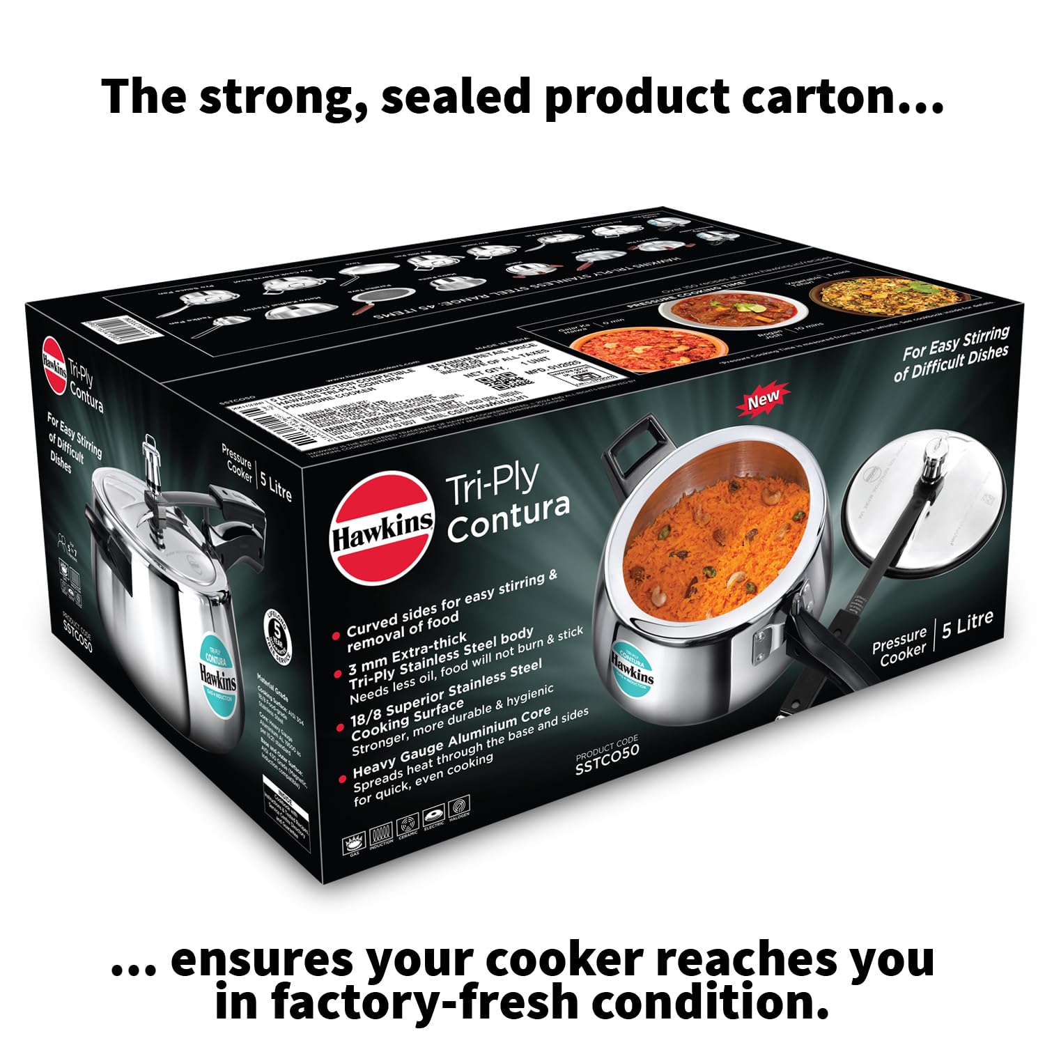 Hawkins 5 Litre Triply Contura Pressure Cooker – 3 mm Tri-Ply Stainless Steel, Gas & Induction (SSTCO50)