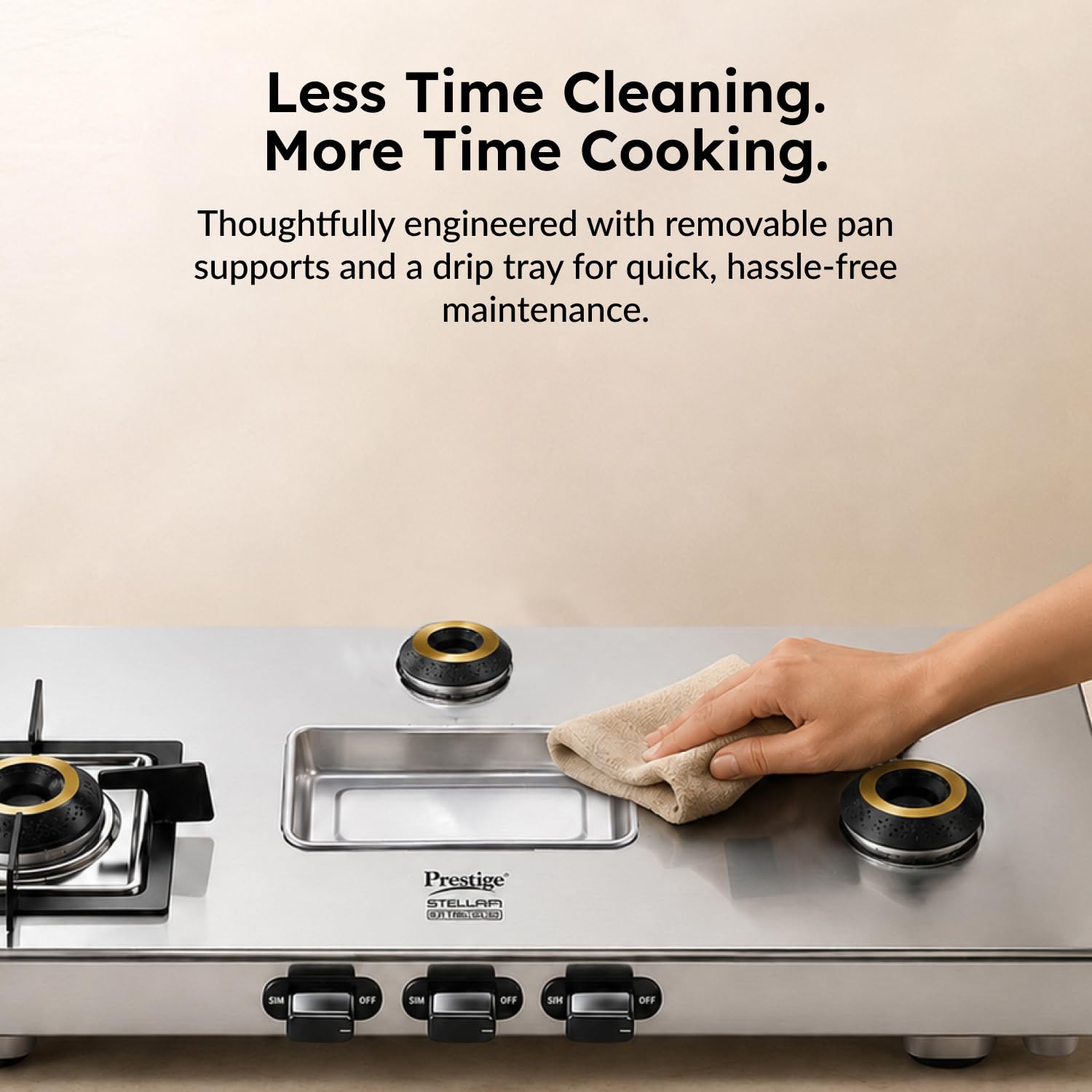 Prestige Stellora 3 Burner Stainless Steel Gas Stove – Designer Forged Brass Burners, 15-Year Body Warranty