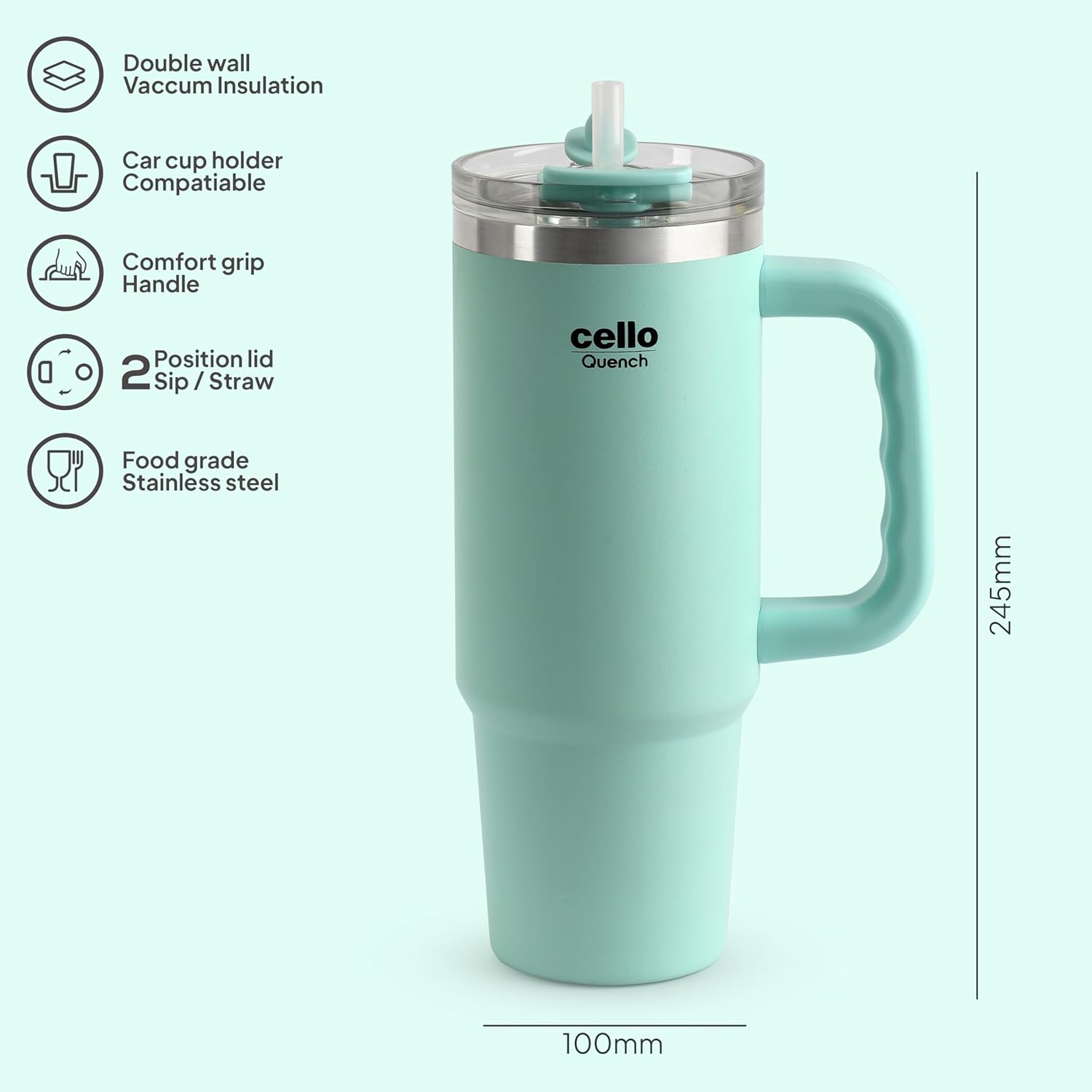 Cello Quench Insulated Stainless Steel Tumbler 550ml with Straw & Handle