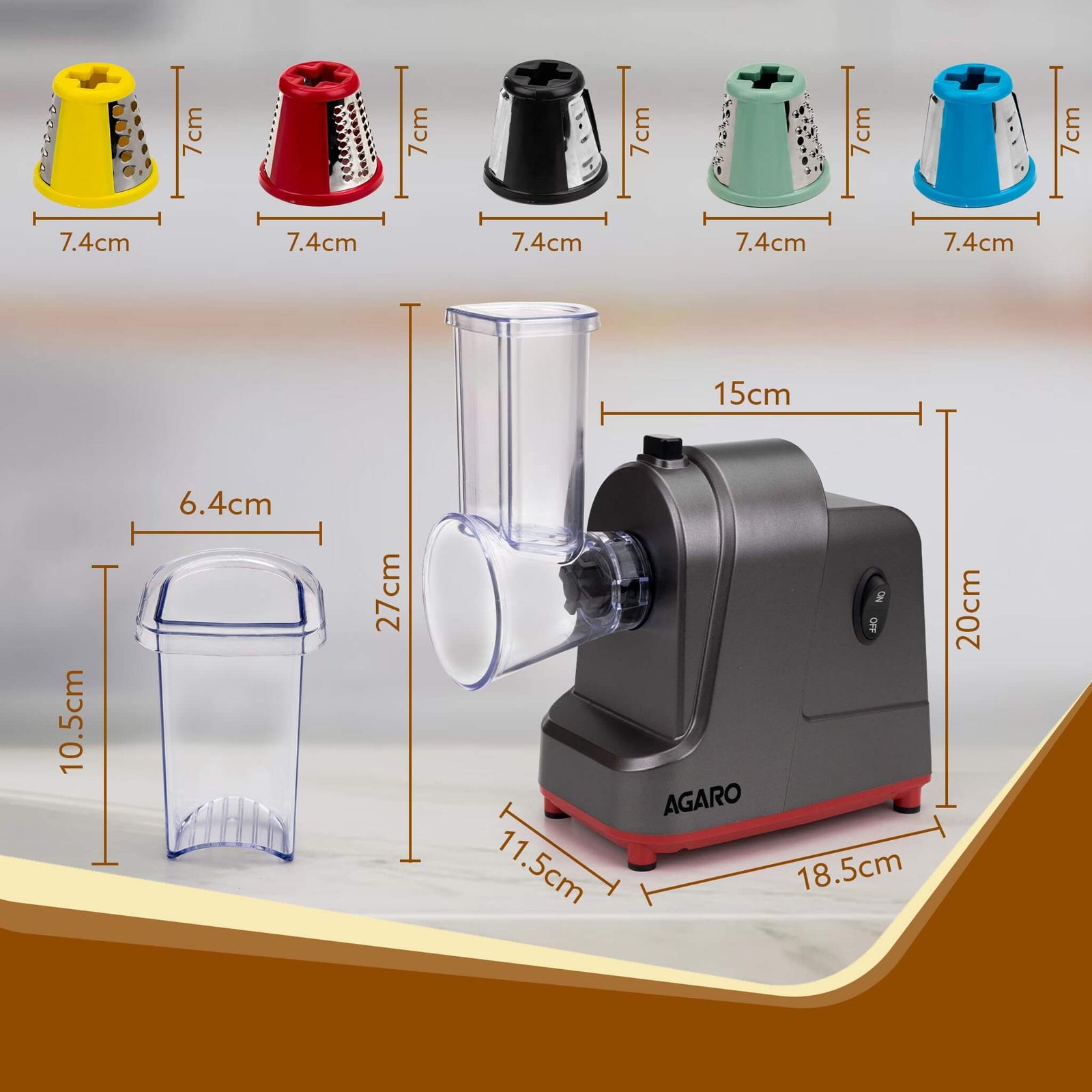 AGARO Marvel Electric Grater & Slice Machine, 250W, 5 Blade Attachments, Grey & Red