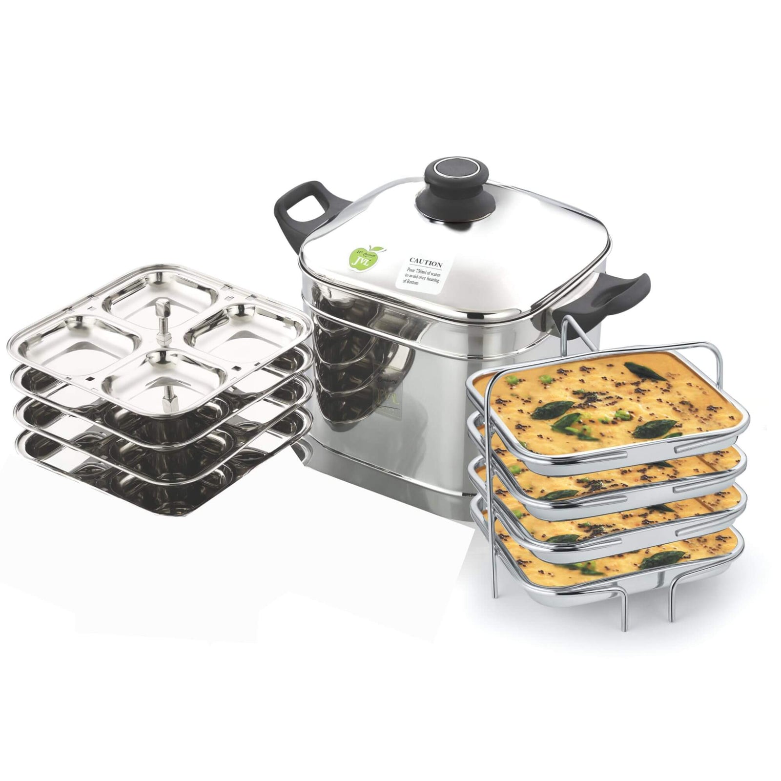 JVL square stainless steel idly dhokla maker with 4 plates and plain lid