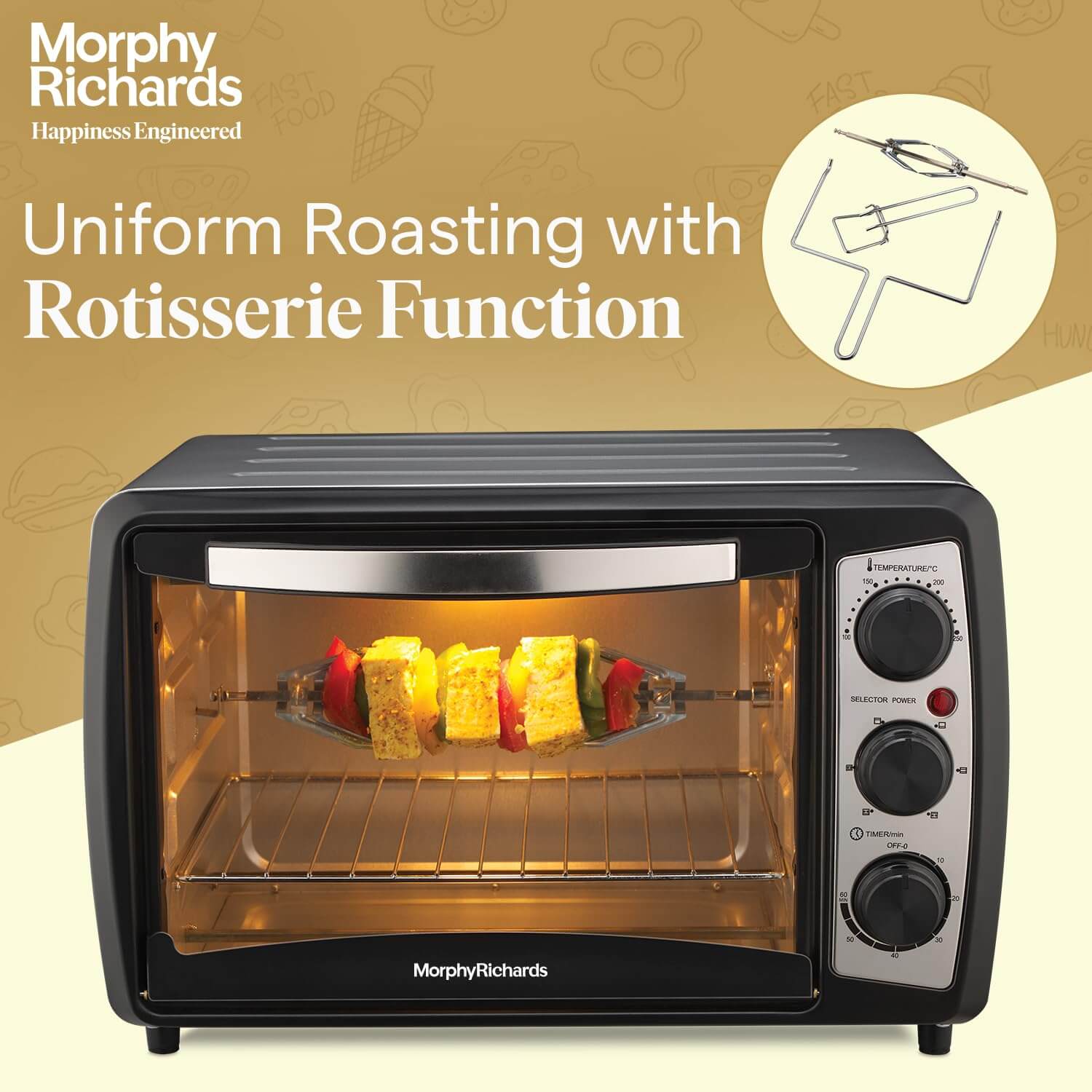 Morphy Richards 20R OTG Oven 20L showcasing rotisserie function with colorful kebabs inside, ideal for uniform roasting.