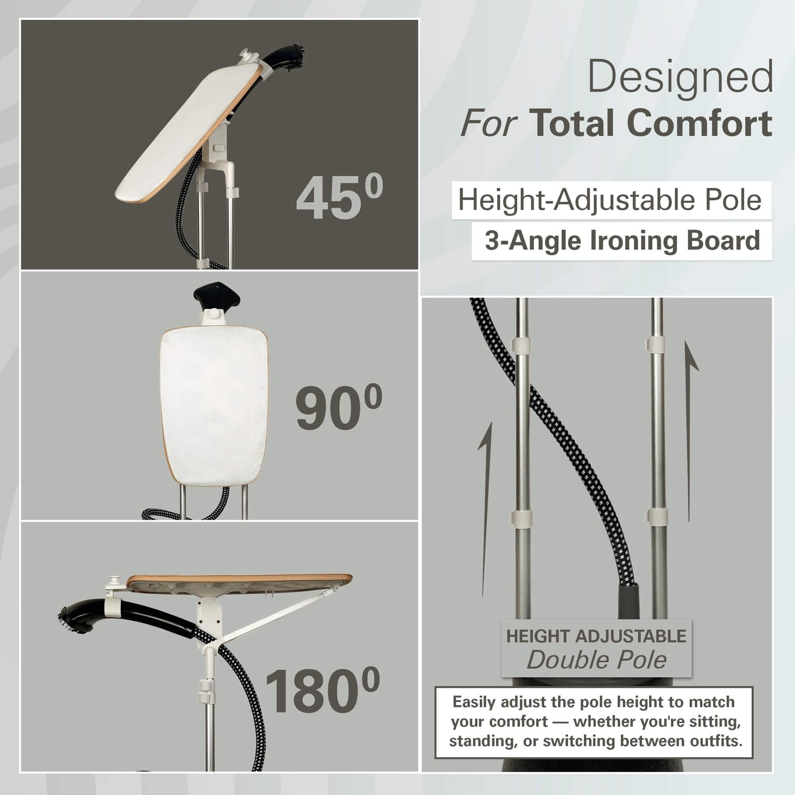 Hamilton Beach steamer showing 45-degree 90-degree 180-degree ironing positions