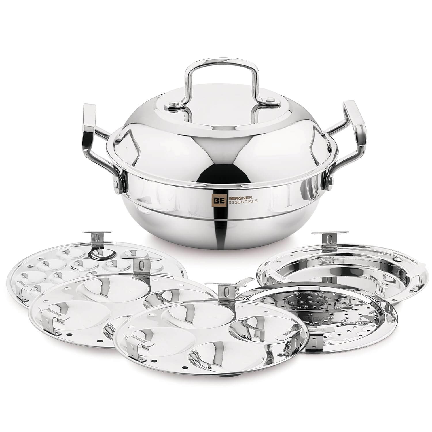 BERGNER stainless steel multi kadai with idli appam plates induction compatible