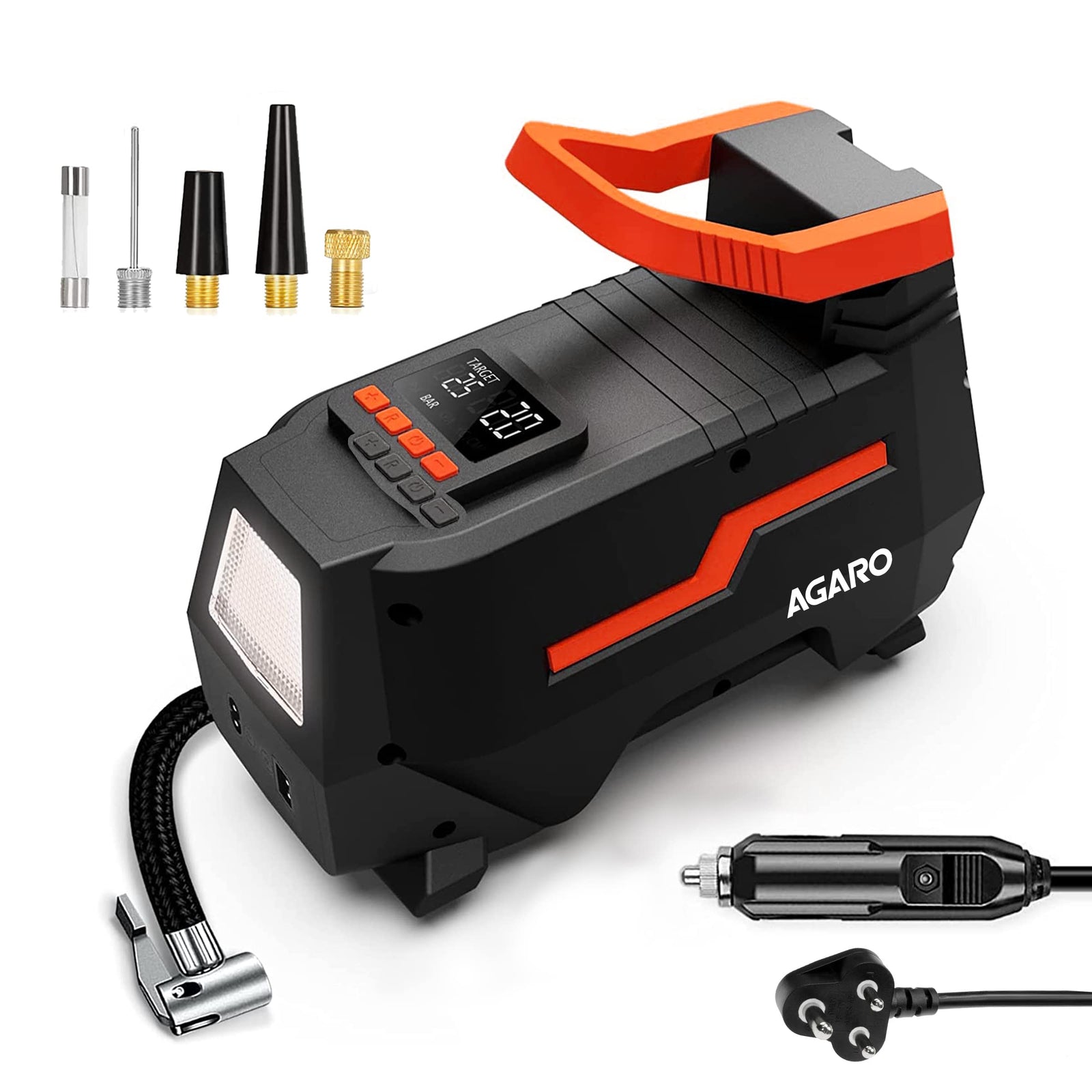 AGARO TI2157 digital tyre inflator in black with orange handle and LED display
