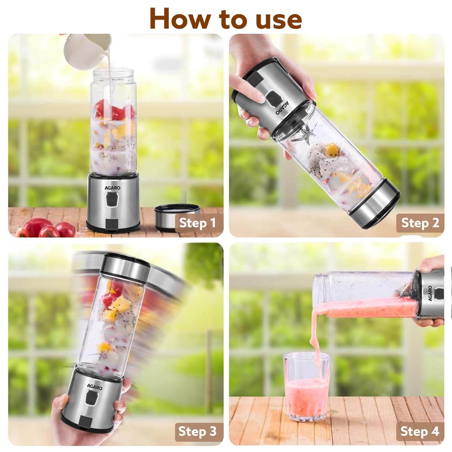 AGARO Galaxy Portable Blender, 450ml, USB Rechargeable, Smoothies, Shakes, 126W, 3000mAh Battery