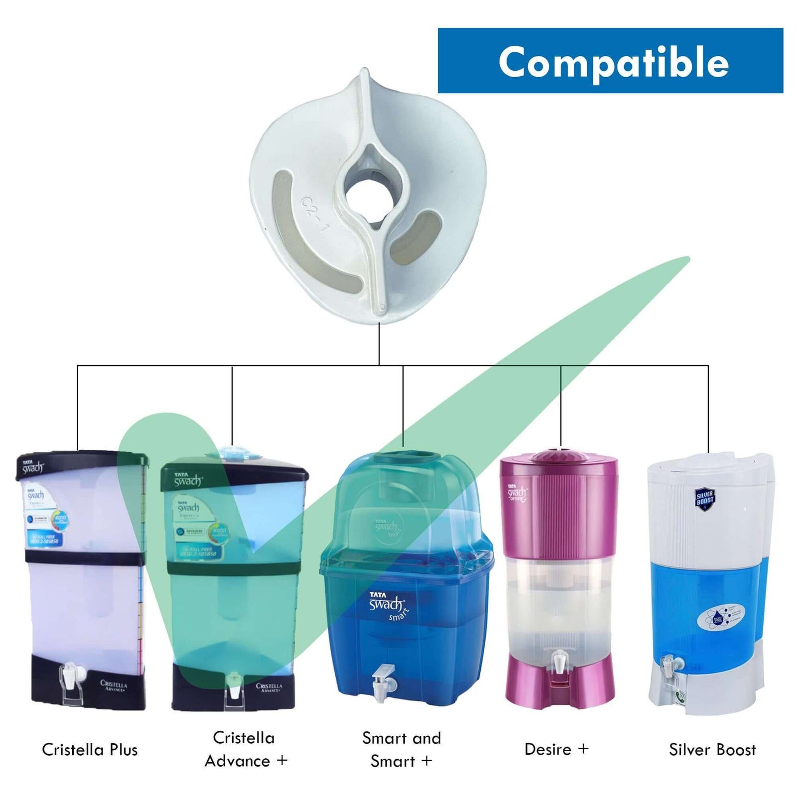 Tataswach bulb cartridge adapter shown with compatible water purifier models Cristella, Smart, Desire+, and Silver Boost.