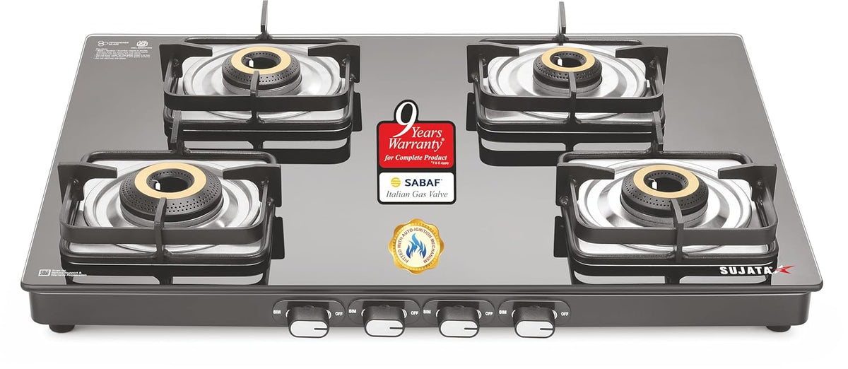 Sujata Classic 4 Burner Gas Stove | 8mm Glass Top | SABAF | 9 Yr Warranty