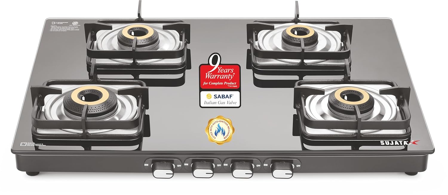 Sujata Classic 4 Burner Gas Stove | 8mm Glass Top | SABAF | 9 Yr Warranty