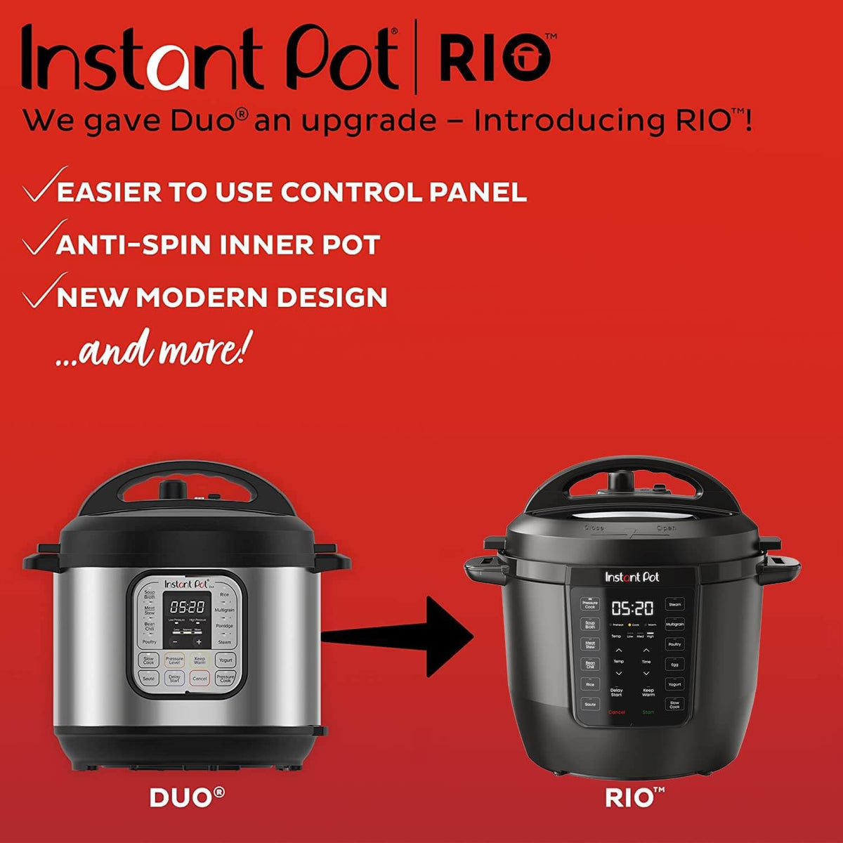 Instant Pot RIO 6QT with accessories and recipe app.