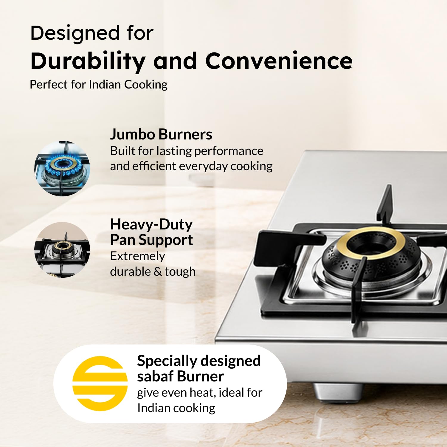 Prestige Stellora 3 burner gas stove burner layout with one rear and two front burners