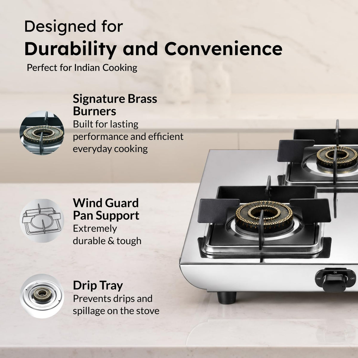 Prestige Valora 04B Stainless Steel Body L.P. Gas Stove 4 Brass Burners Silver|Wind Guard Pan Support|360° Revolving Nozzle|Removable Spill Tray