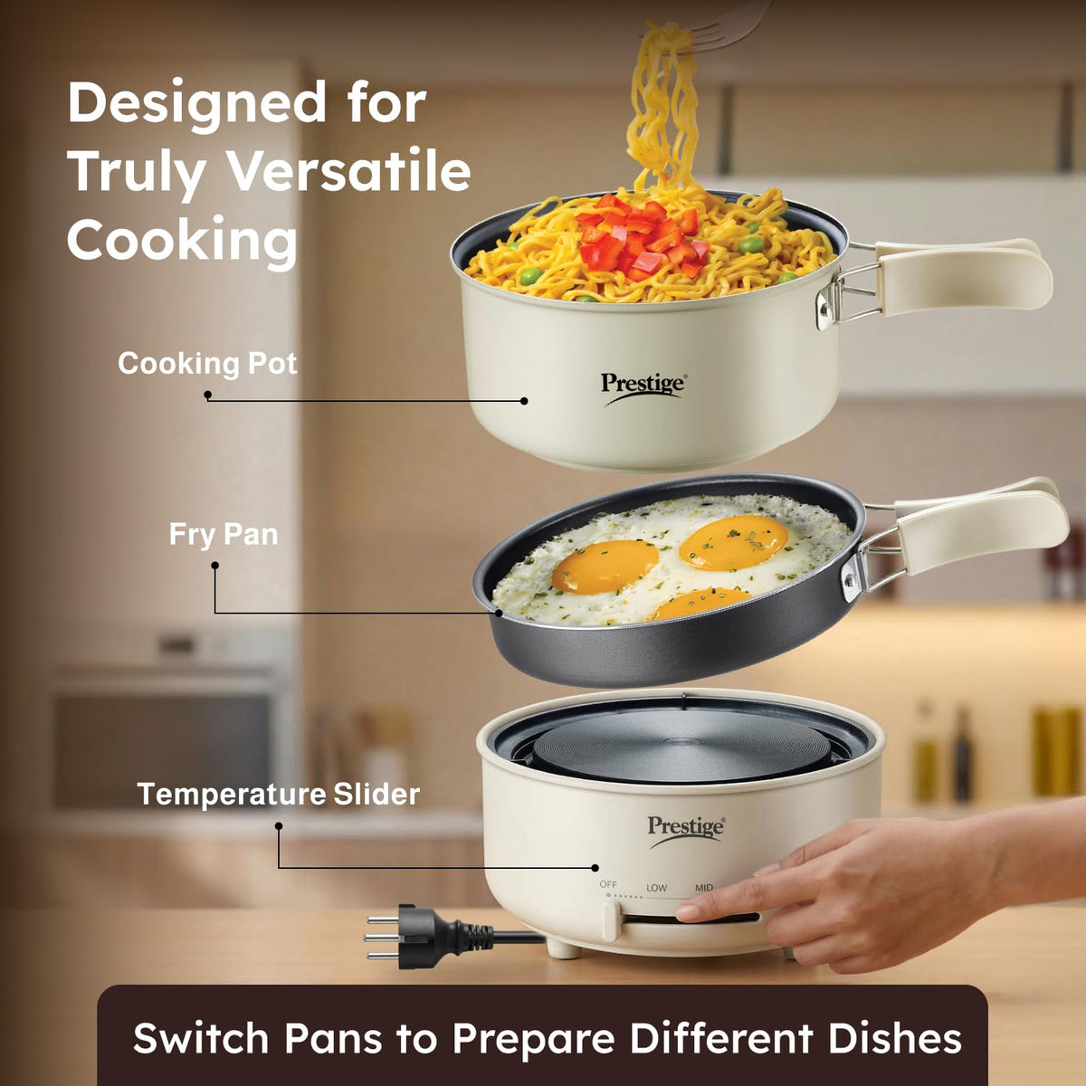 Prestige Electric Omnipot non-stick cooking pot separated from the base showing the interior coating