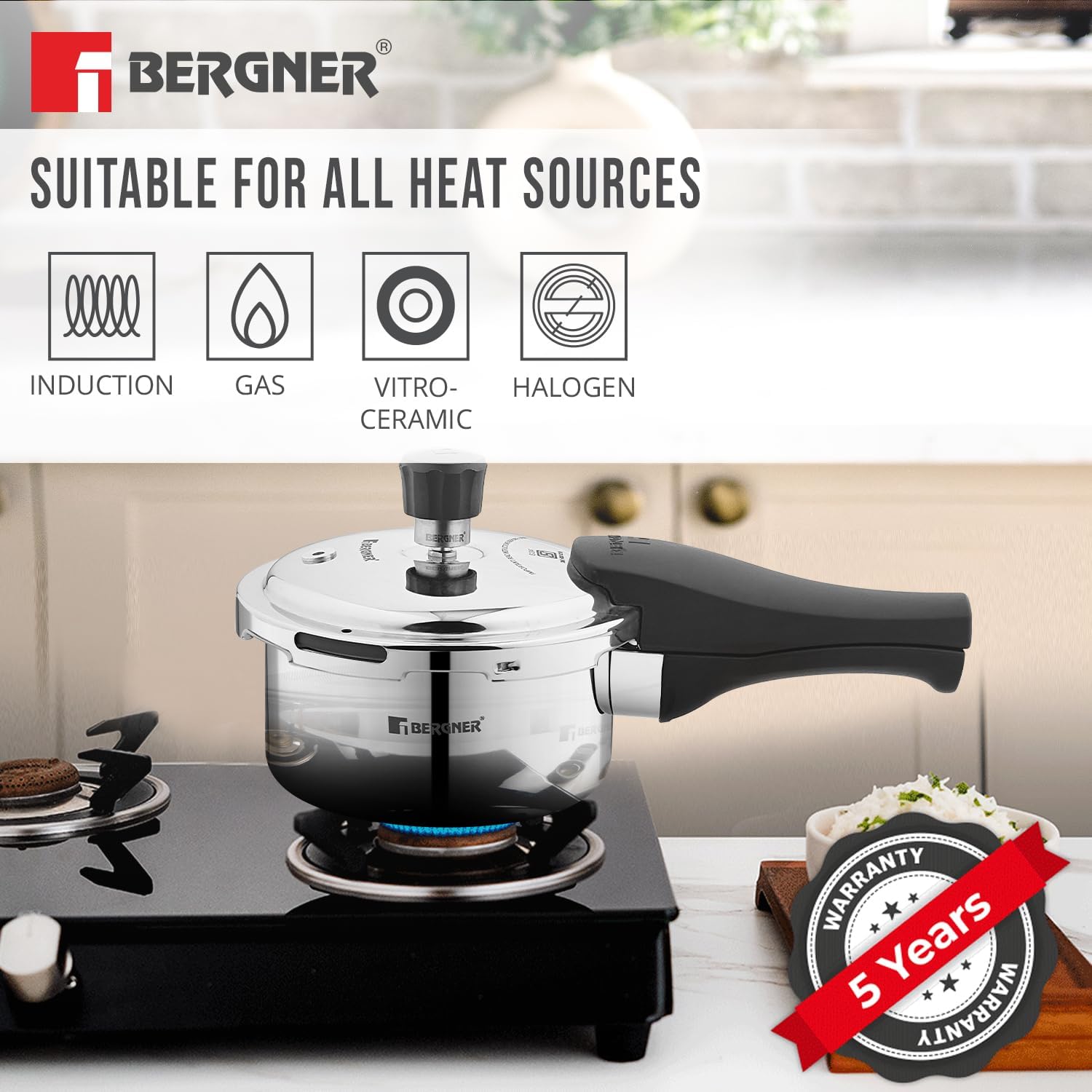 Stainless steel pressure cooker combo with Bakelite handle and silicone gasket details