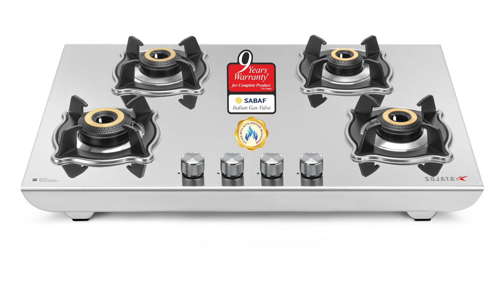 Sujata Robusto 4 burner auto ignition stainless steel gas stove with SABAF Italian gas valves and 9 year warranty
