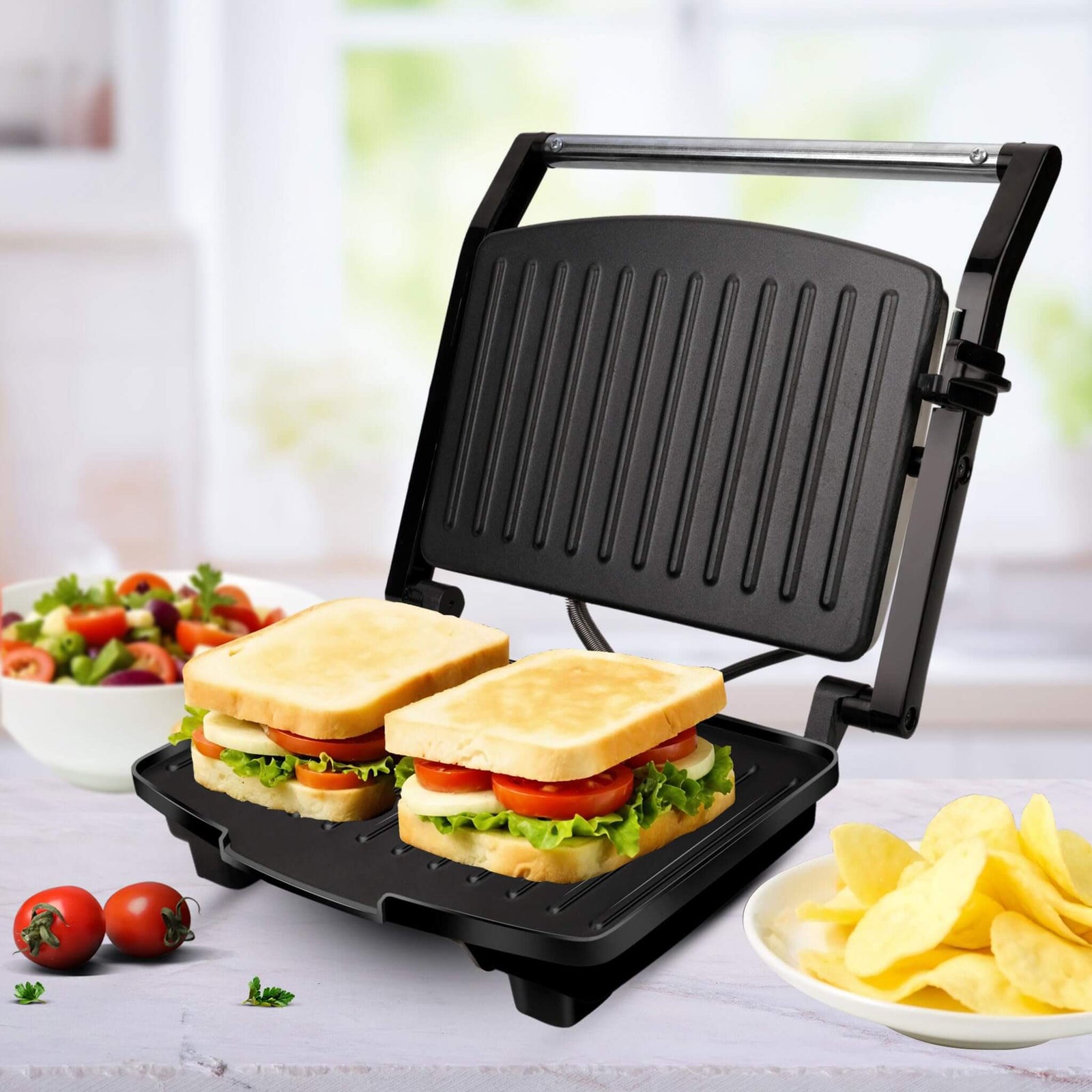 AGARO Royal black sandwich maker with non-stick grill plates and stainless steel body