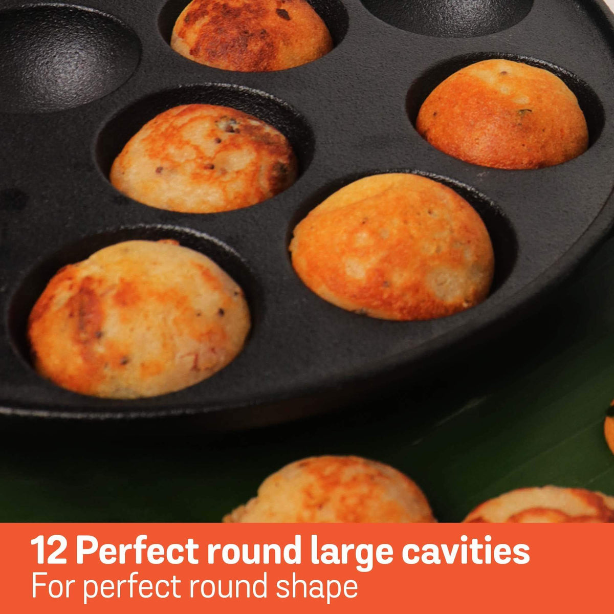 12-cavity cast iron cooking pan for authentic South Indian snacks and recipes