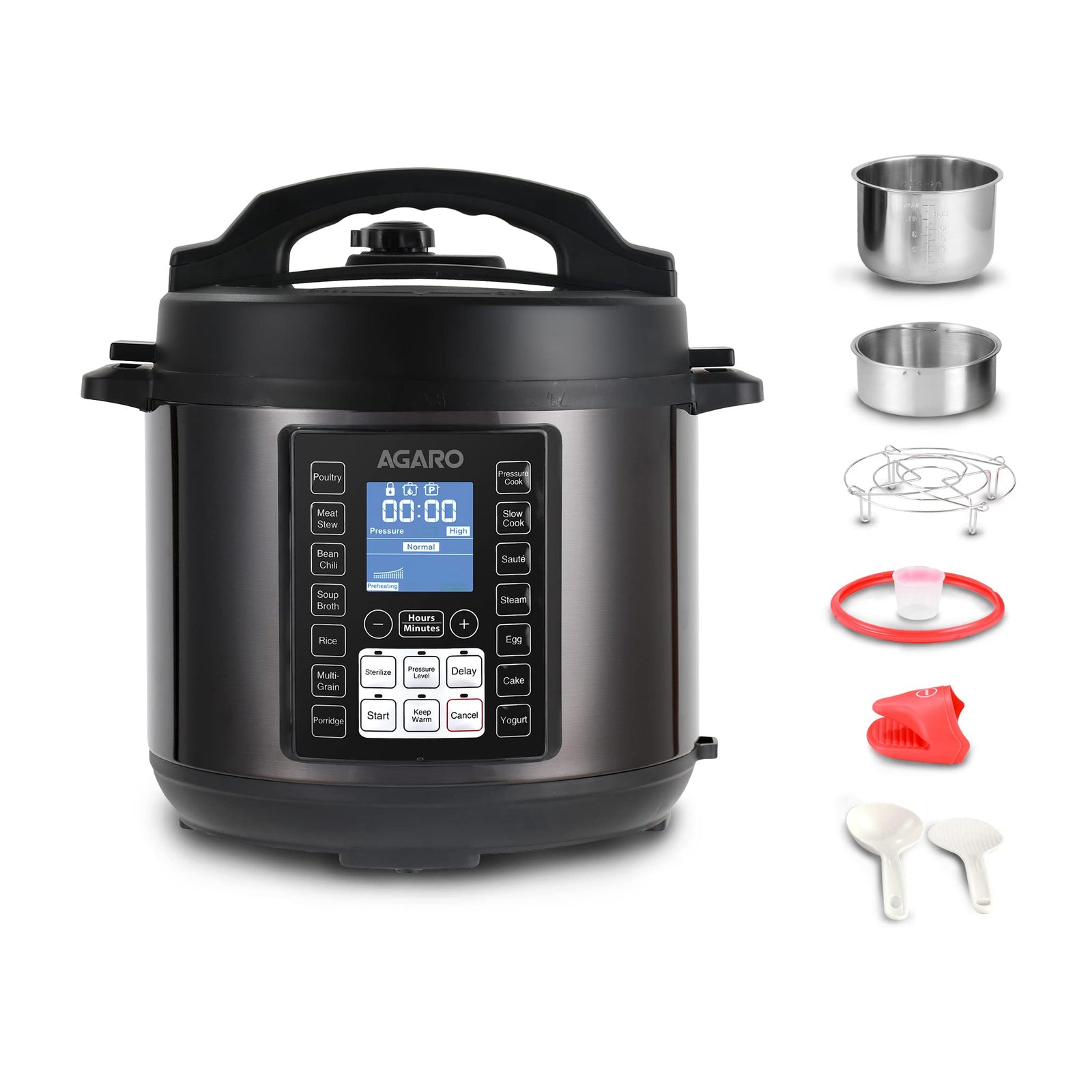AGARO Imperial 8 Litre Black Electric Pressure Cooker, 14 preset cooking functions, stainless steel inner pot