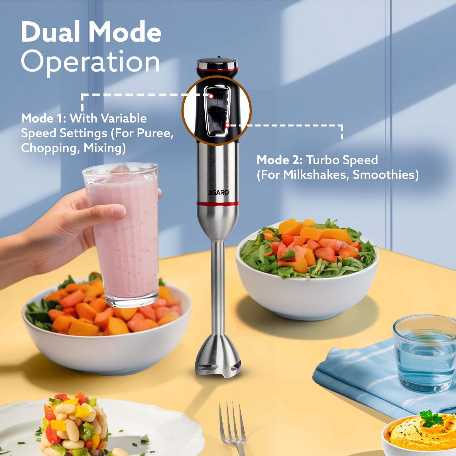 Multi-purpose AGARO Hand Blender Set with dual operation modes and 20 speed settings