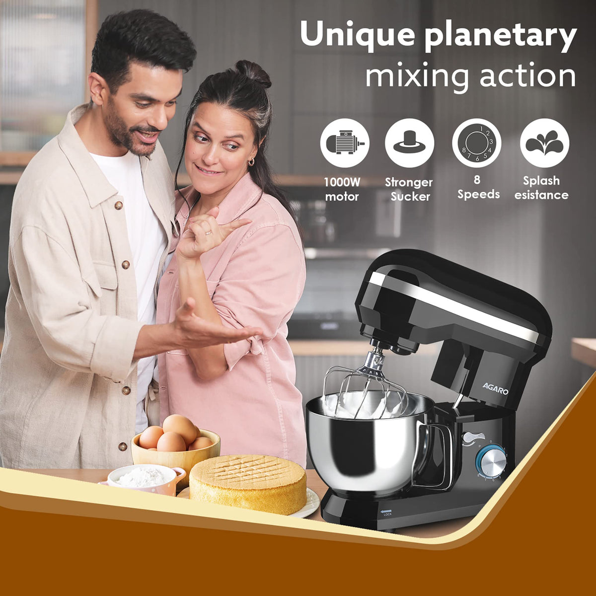 AGARO Royal Stand Mixer 1000W with 5L SS Bowl and 8 Speed Setting I Includes Whisking Cone, Mixing Beater & Dough Hook, and Splash Guard, 2 Years Warranty, (Black)
