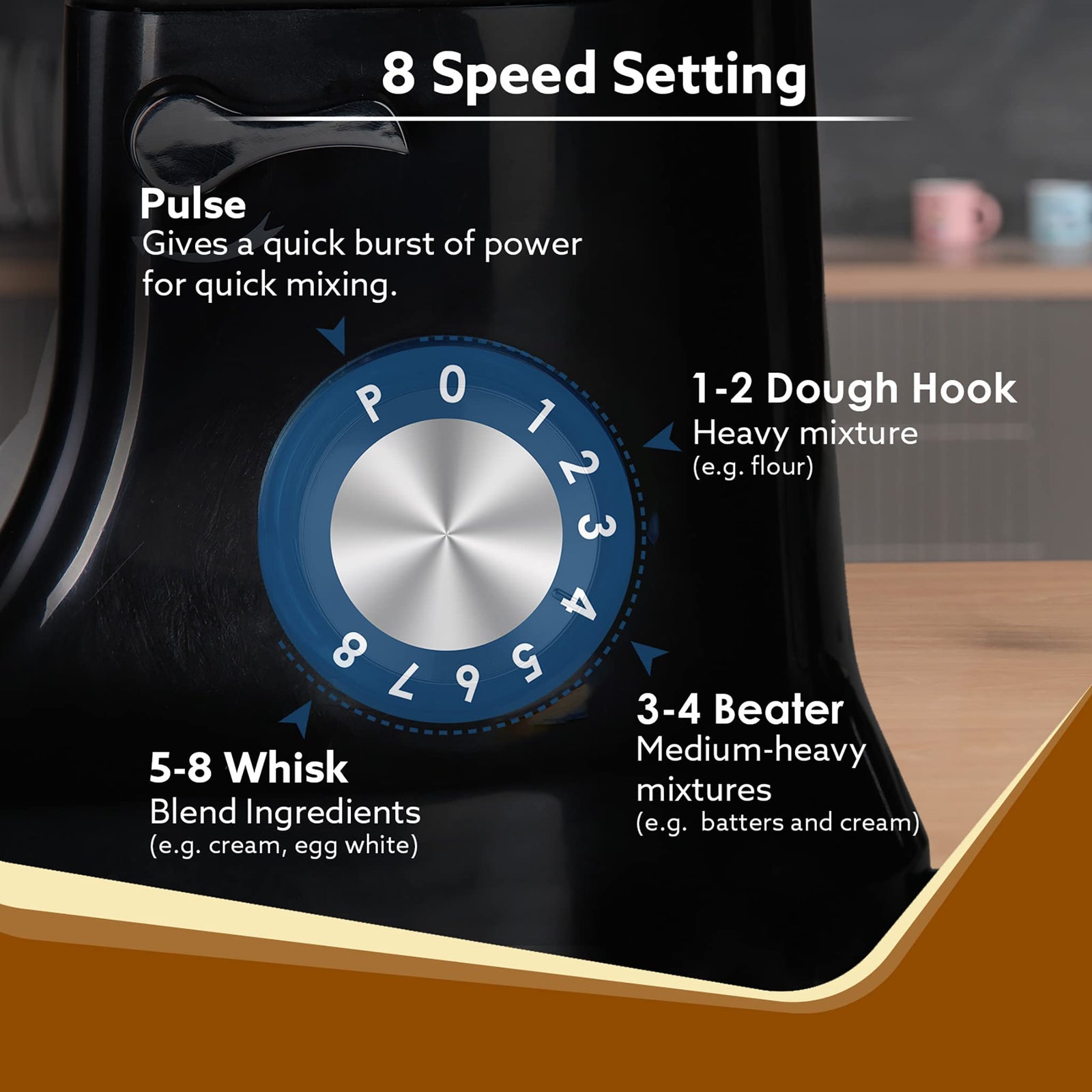 AGARO Royal Stand Mixer 1000W with 5L SS Bowl and 8 Speed Setting I Includes Whisking Cone, Mixing Beater & Dough Hook, and Splash Guard, 2 Years Warranty, (Black)