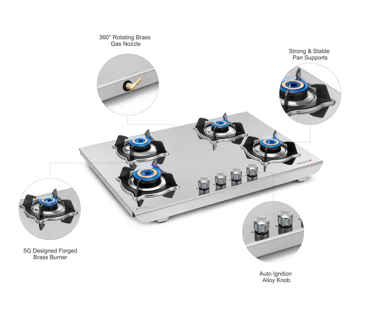 Sujata Robusto 4 burner cooktop 75x56 cm with jumbo brass burners and strong stable pan supports