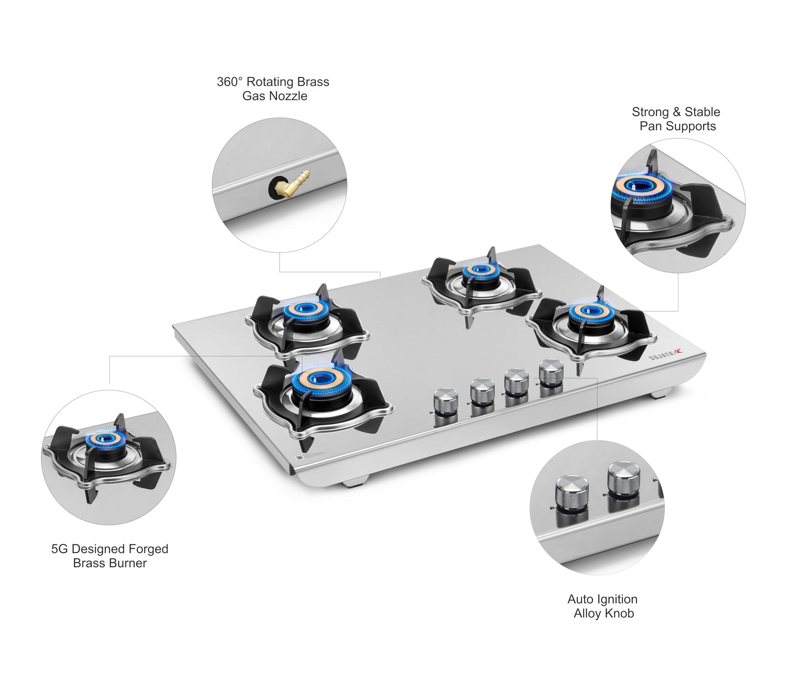 Sujata Robusto 4 burner cooktop 75x56 cm with jumbo brass burners and strong stable pan supports