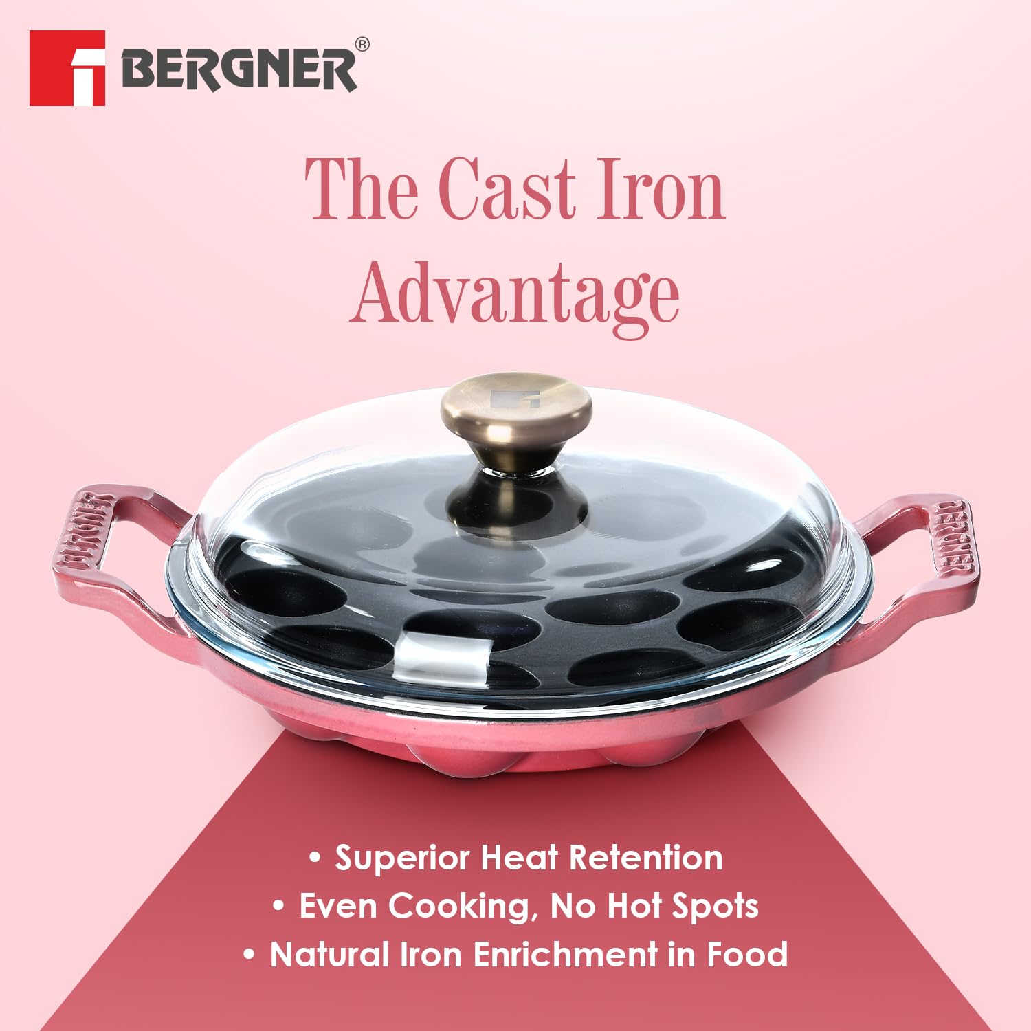 Induction-compatible cast iron paniyaram pan 12 pits Bergner BG-34485-PK

