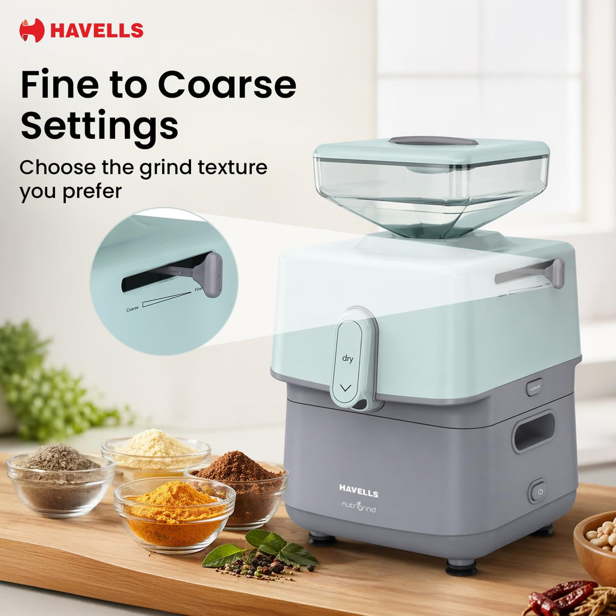 Havells Nutrigrind grinding fresh masala spices grains and dal
