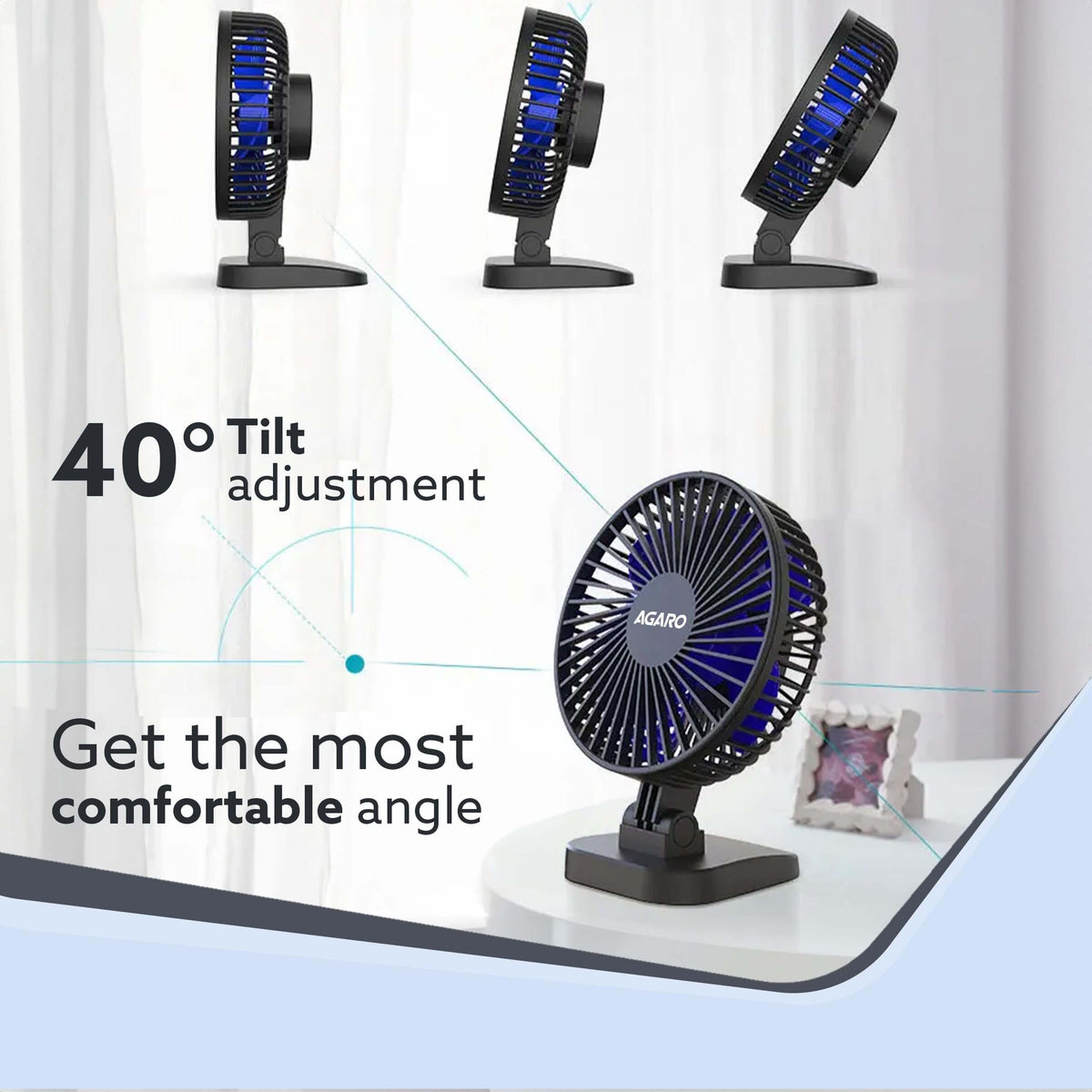 AGARO Breeze USB desktop fan showcasing 40° tilt adjustment for personalized cooling comfort in black.