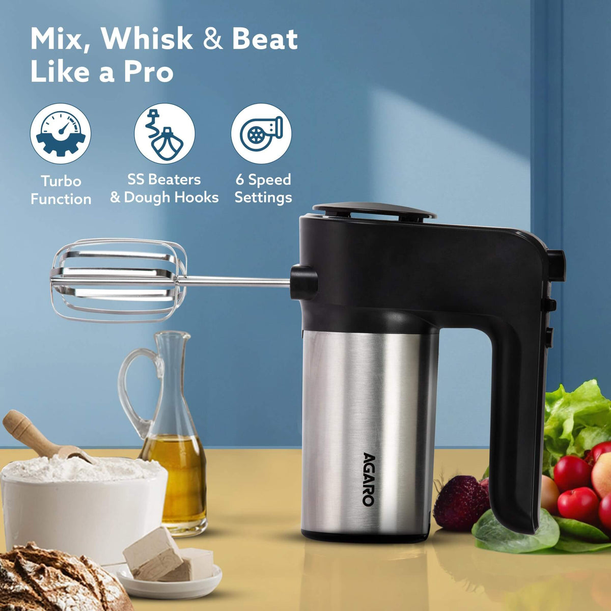 Compact electric hand beater with multiple speed options and turbo button