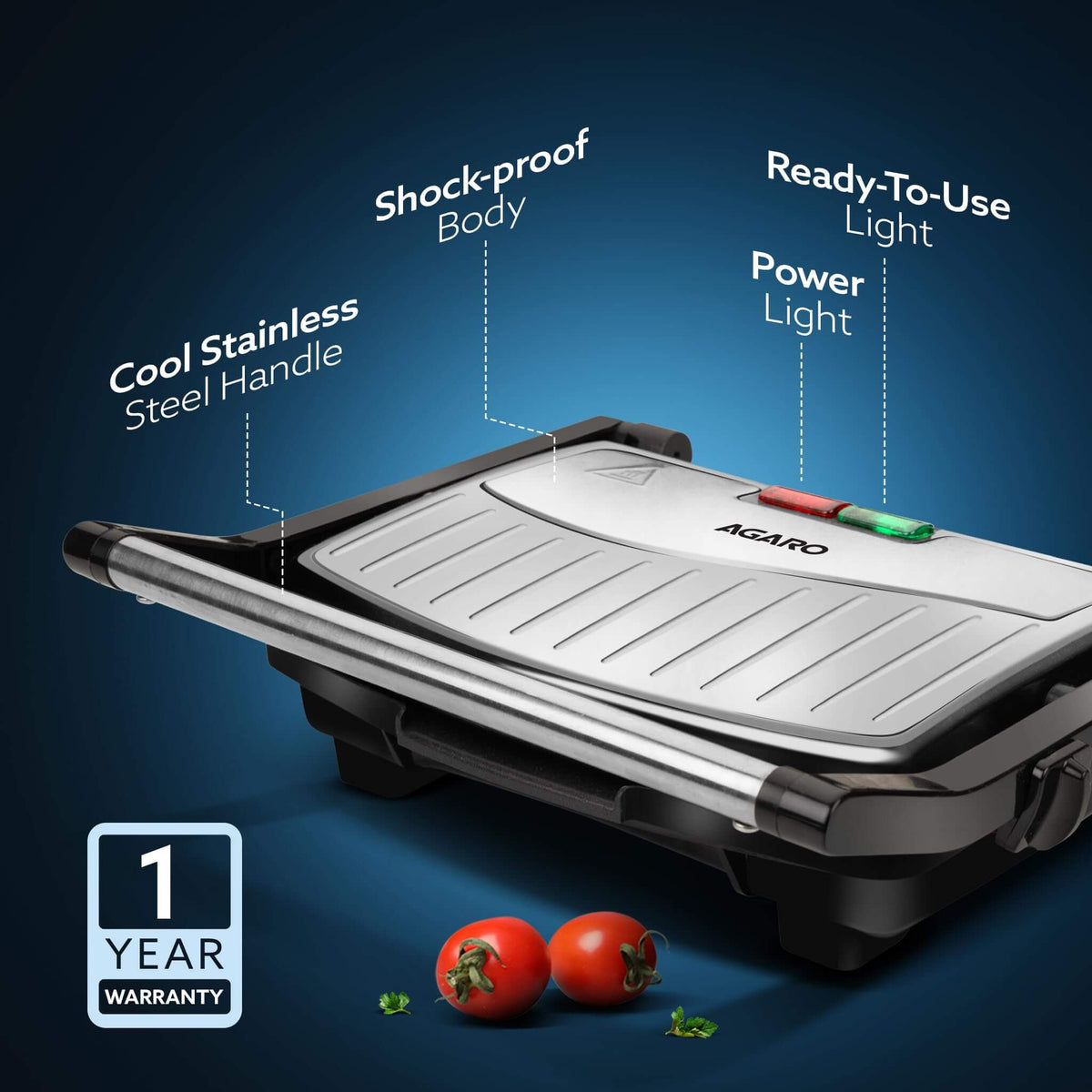 Professional AGARO Royal panini grill with stainless steel body and easy cleanup