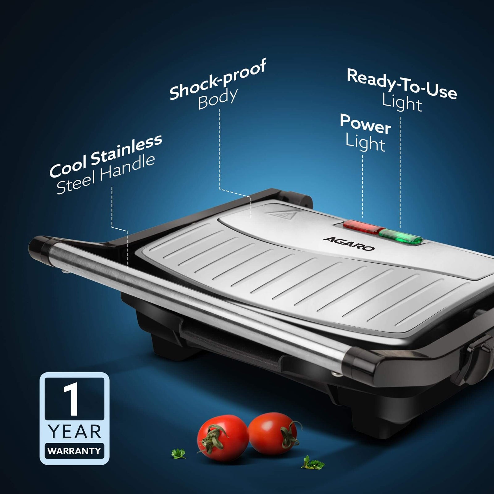 Professional AGARO Royal panini grill with stainless steel body and easy cleanup