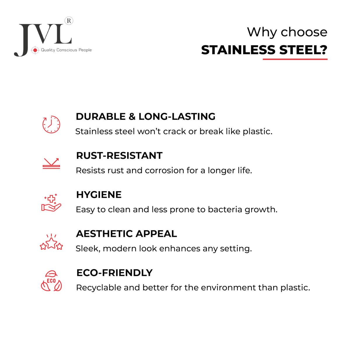 Infographic highlighting benefits of stainless steel: durability, rust resistance, hygiene, aesthetic appeal, and eco-friendliness.